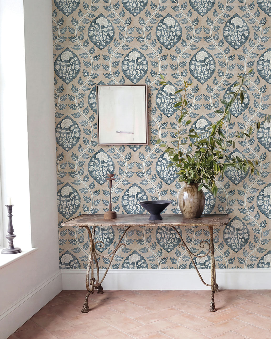 Floral Cartouche Wallpaper in Stone/Blue color - pattern number 100020EH - by Seabrook in the Heritage Tales collection