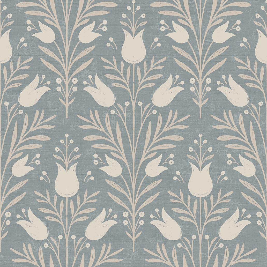 Heritage Tulip Wallpaper in Chalky Blue color - pattern number 100025EH - by Seabrook in the Heritage Tales collection