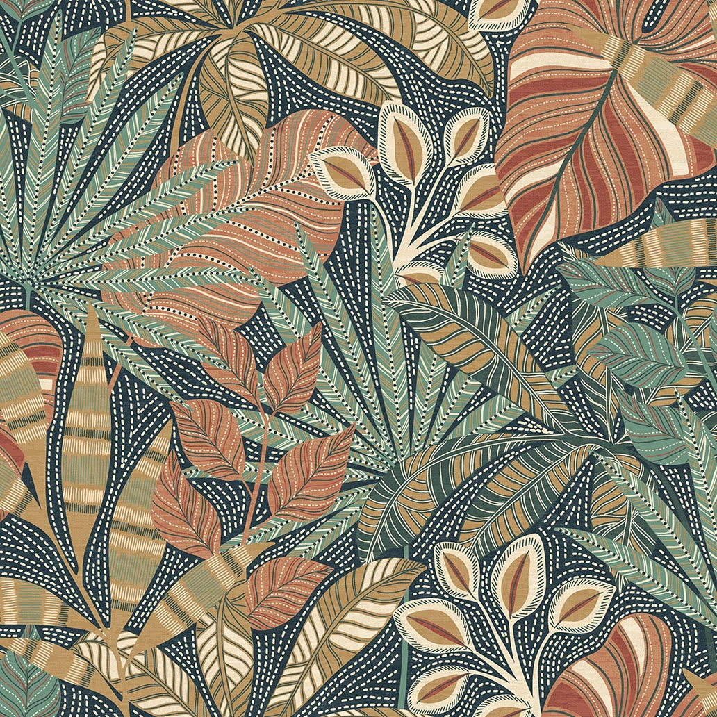 Kirra Leaf Wallpaper in Navy/Spice color - pattern number 100032EH - by Seabrook in the Heritage Tales collection