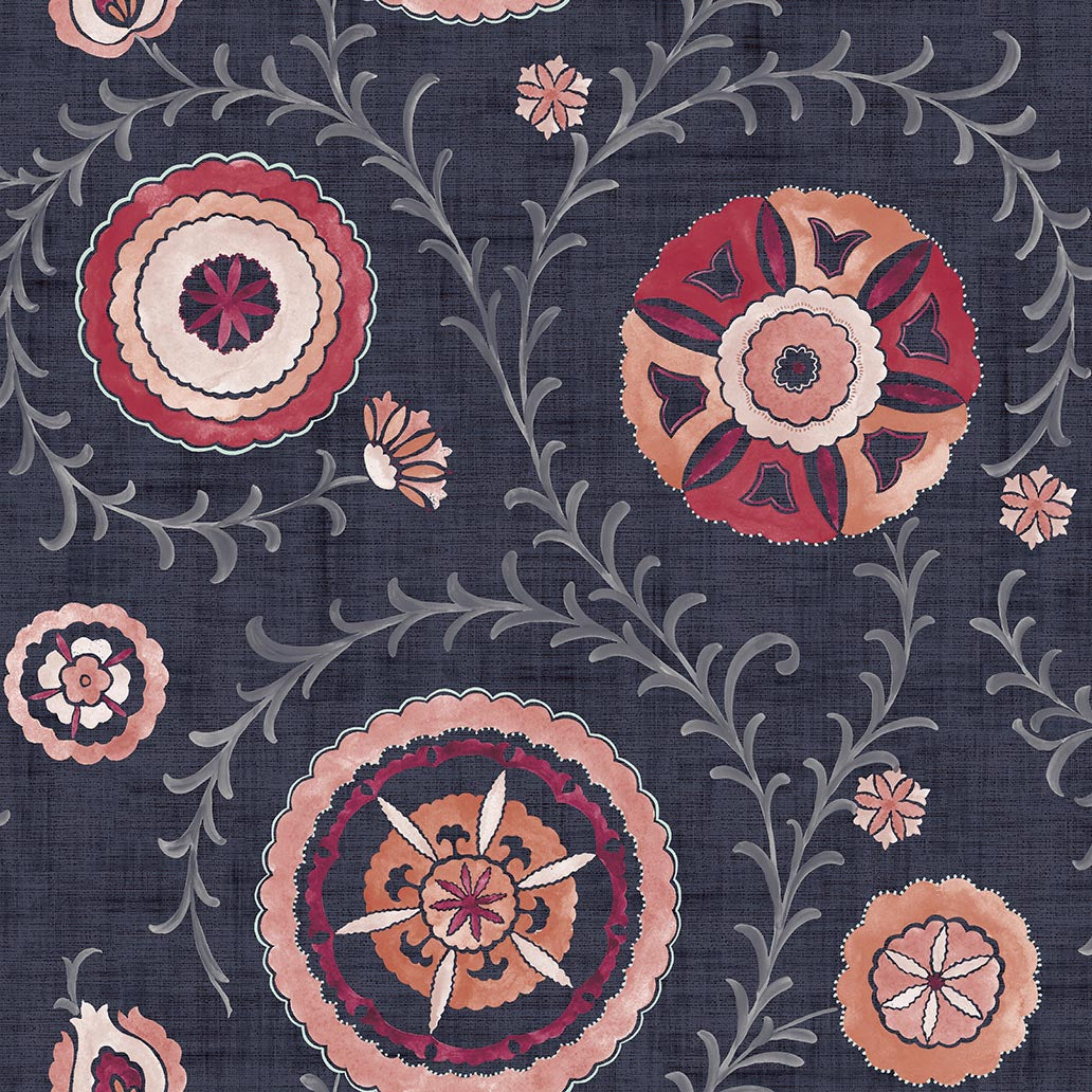 Nahlia Trail Wallpaper in Navy/Berry color - pattern number 100033EH - by Seabrook in the Heritage Tales collection