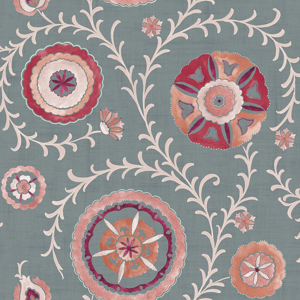 Nahlia Trail Wallpaper in Spice/Blue color - pattern number 100034EH - by Seabrook in the Heritage Tales collection