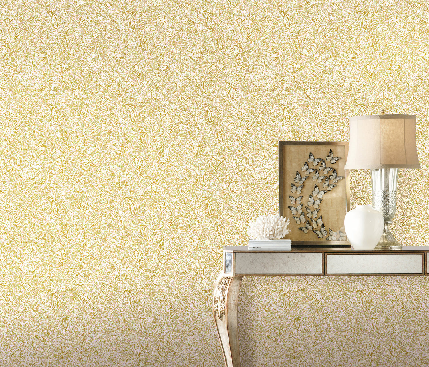 Paisley Trellis wallpaper in gold color - pattern number 11302 - by Galerie in the Elegance collection