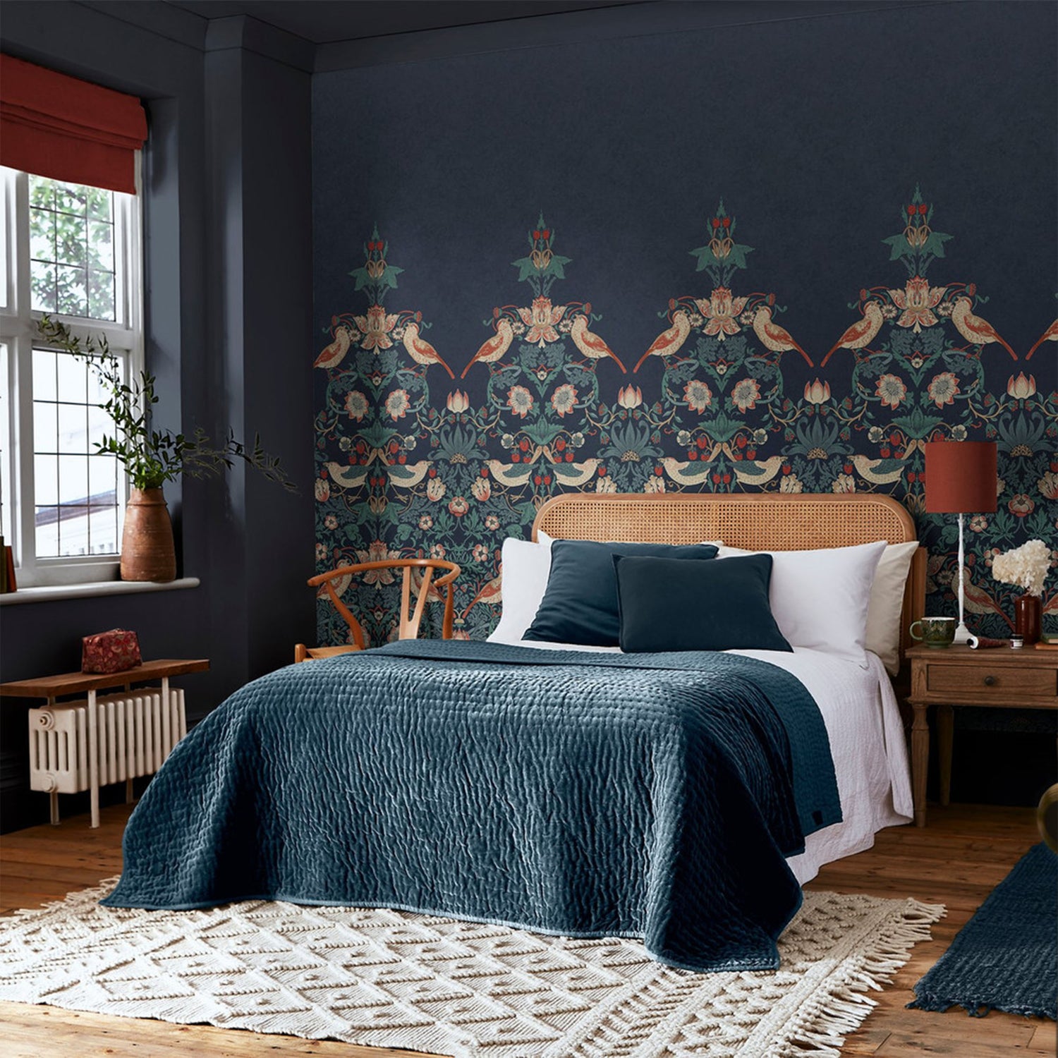 Strawberry Thief Fixed Size 6 Panel mural in blue color - pattern number 125292FXST - by Graham and Brown in the William Morris at Home Murals collection