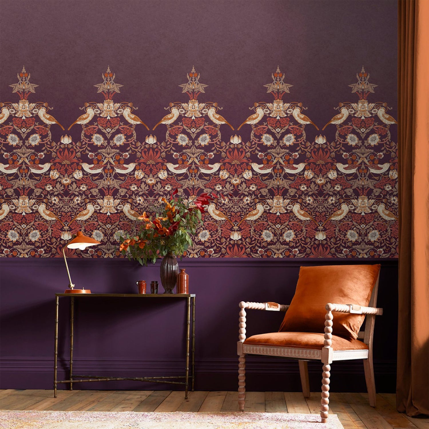 Strawberry Thief Fixed Size 6 Panel mural in purple color - pattern number 125301FXST - by Graham and Brown in the William Morris at Home Murals collection