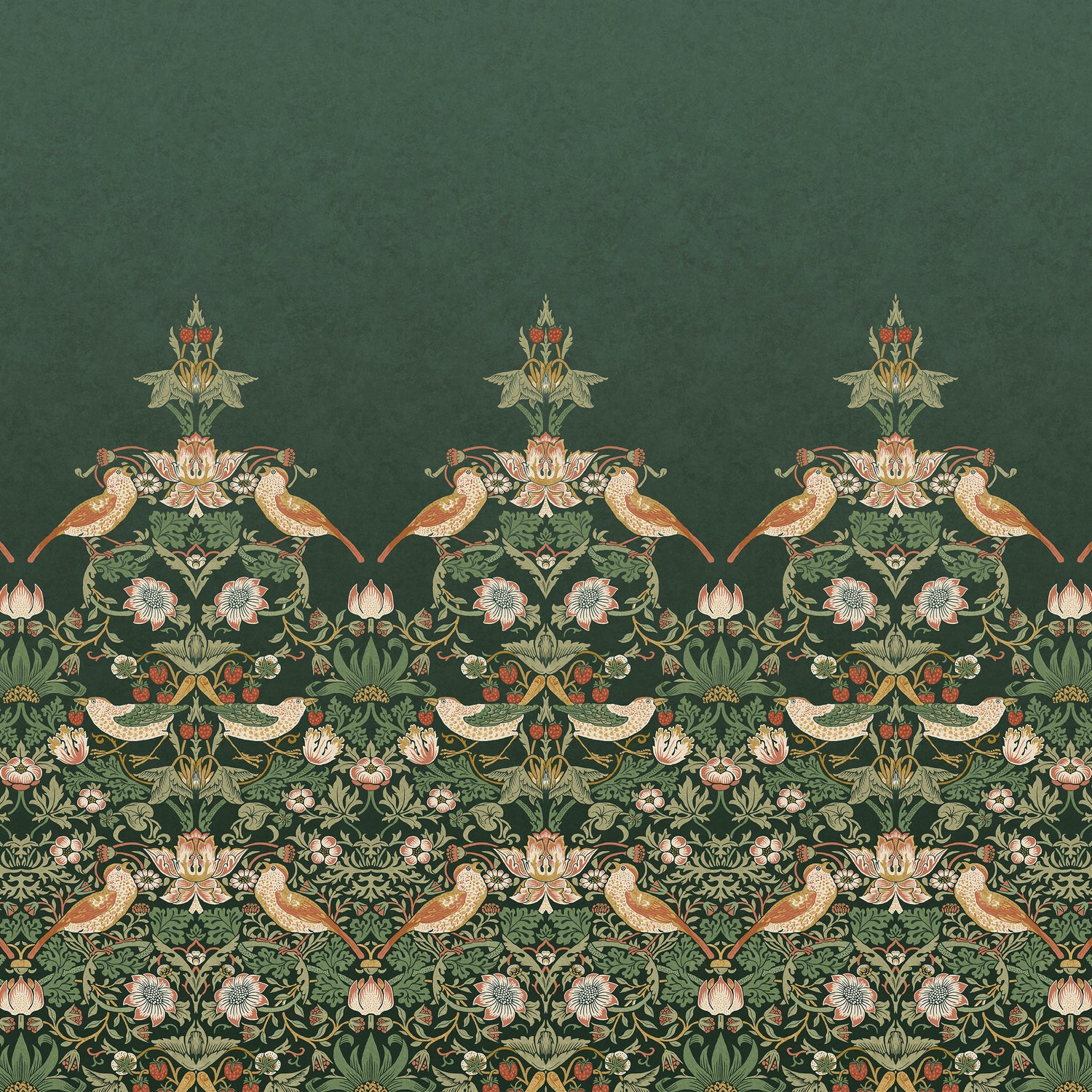 Strawberry Thief Fixed Size 6 Panel mural in green color - pattern number 125310FXST - by Graham and Brown in the William Morris at Home Murals collection