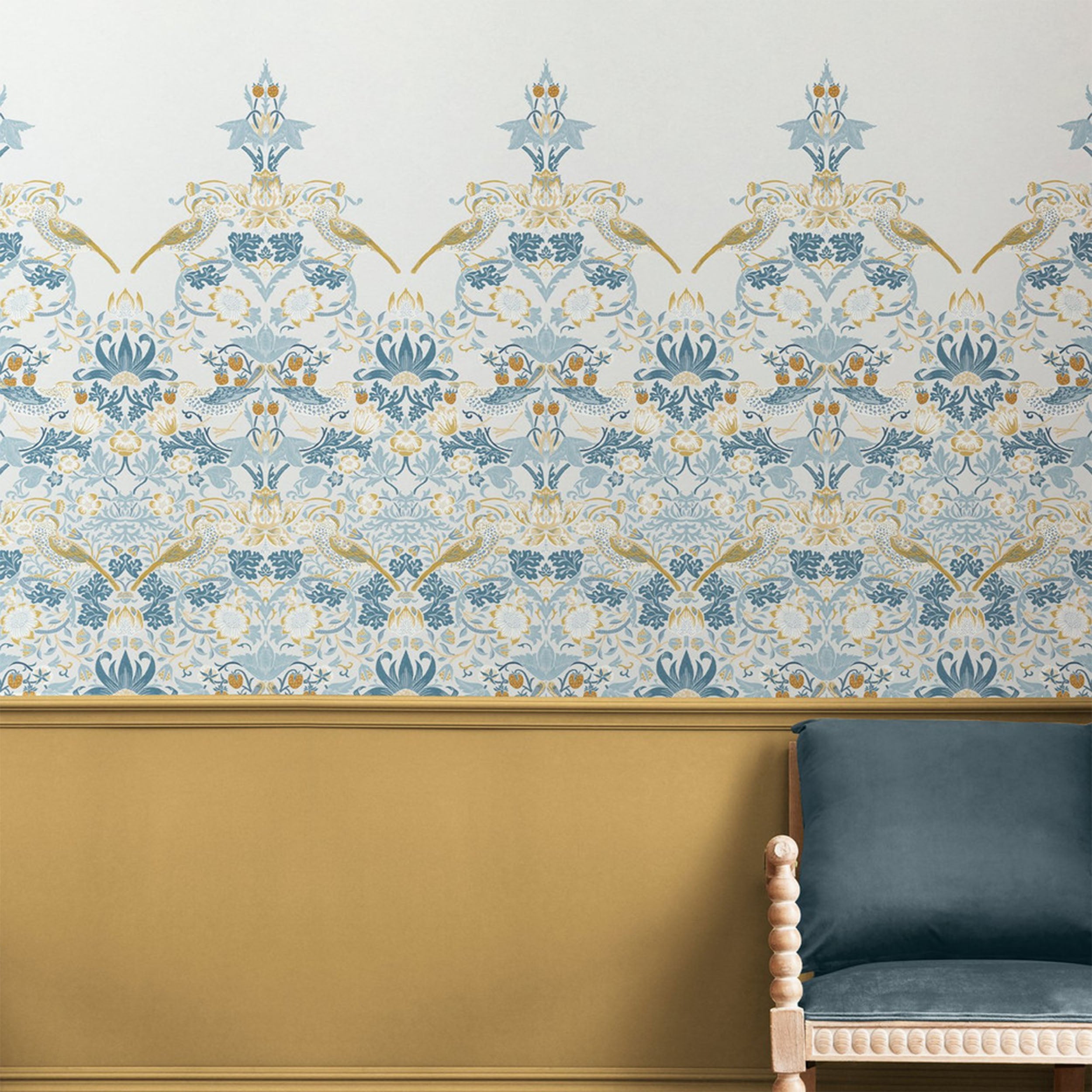 Strawberry Thief Fixed Size 6 Panel mural in blue color - pattern number 125319FXST - by Graham and Brown in the William Morris at Home Murals collection