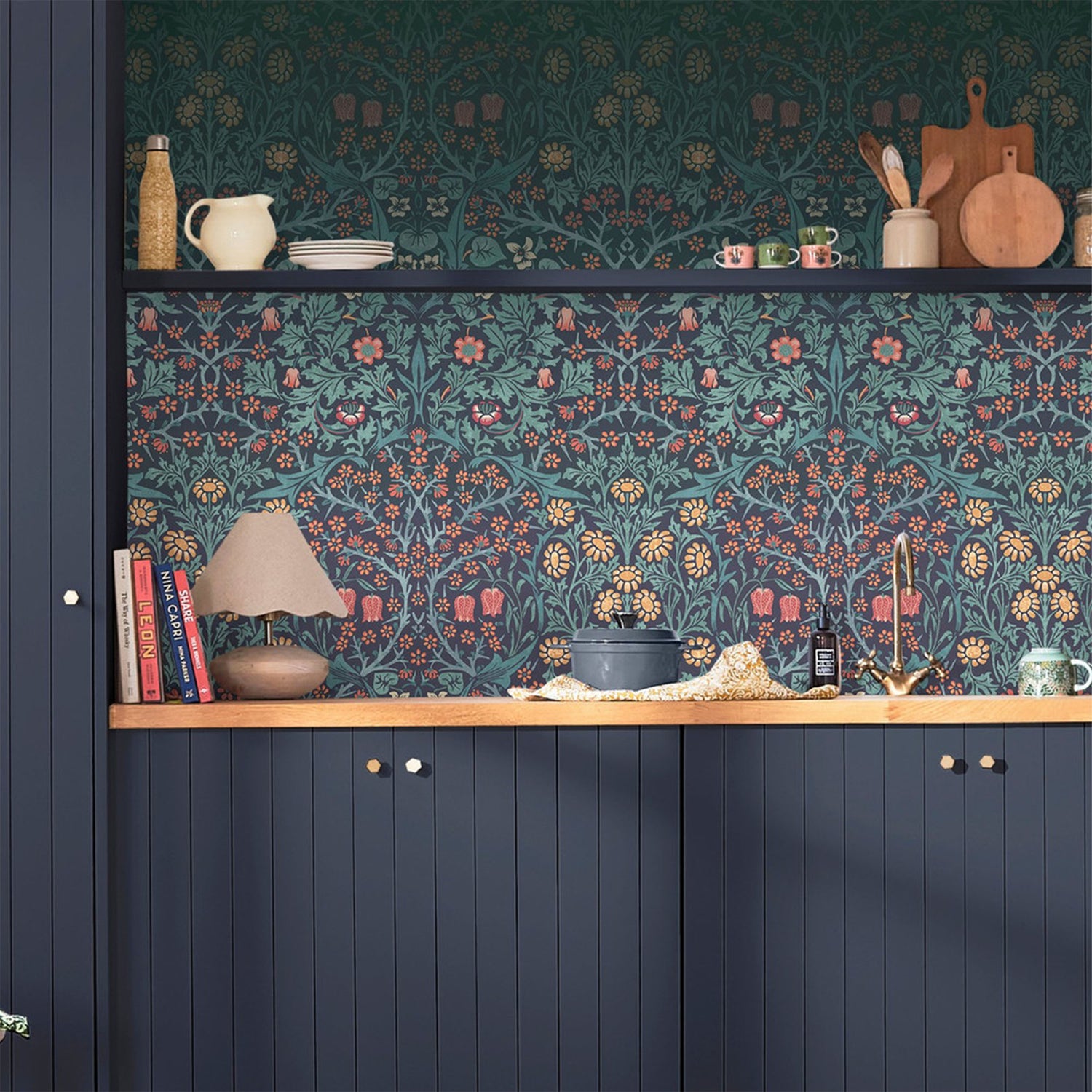 Blackthorn Fixed Size 6 Panel mural in blue color - pattern number 125328FXST - by Graham and Brown in the William Morris at Home Murals collection