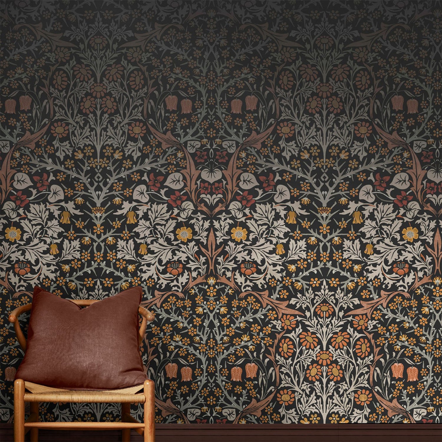 Blackthorn Fixed Size 6 Panel mural in grey color - pattern number 125337FXST - by Graham and Brown in the William Morris at Home Murals collection