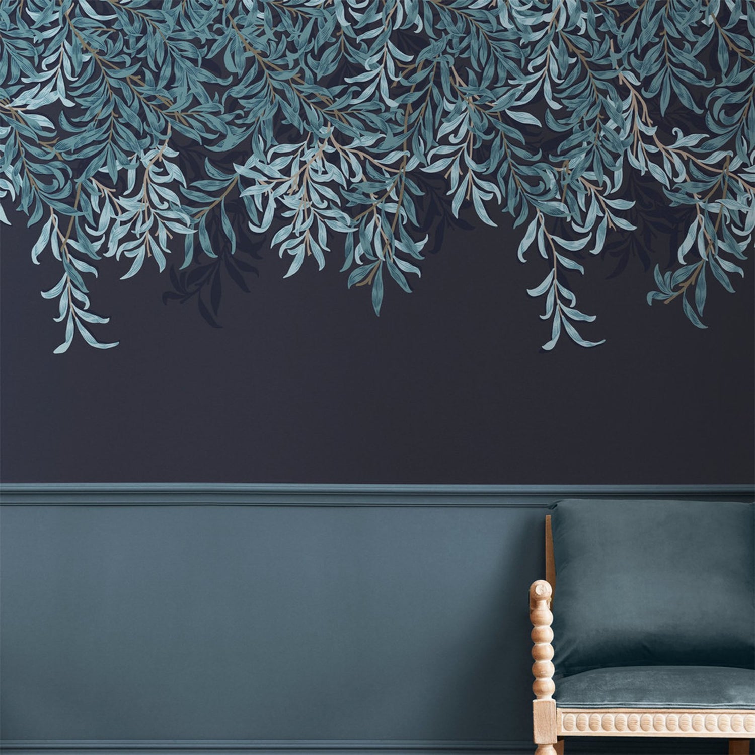Willow Bough Fixed Size 6 Panel mural in blue color - pattern number 125382FXST - by Graham and Brown in the William Morris at Home Murals collection