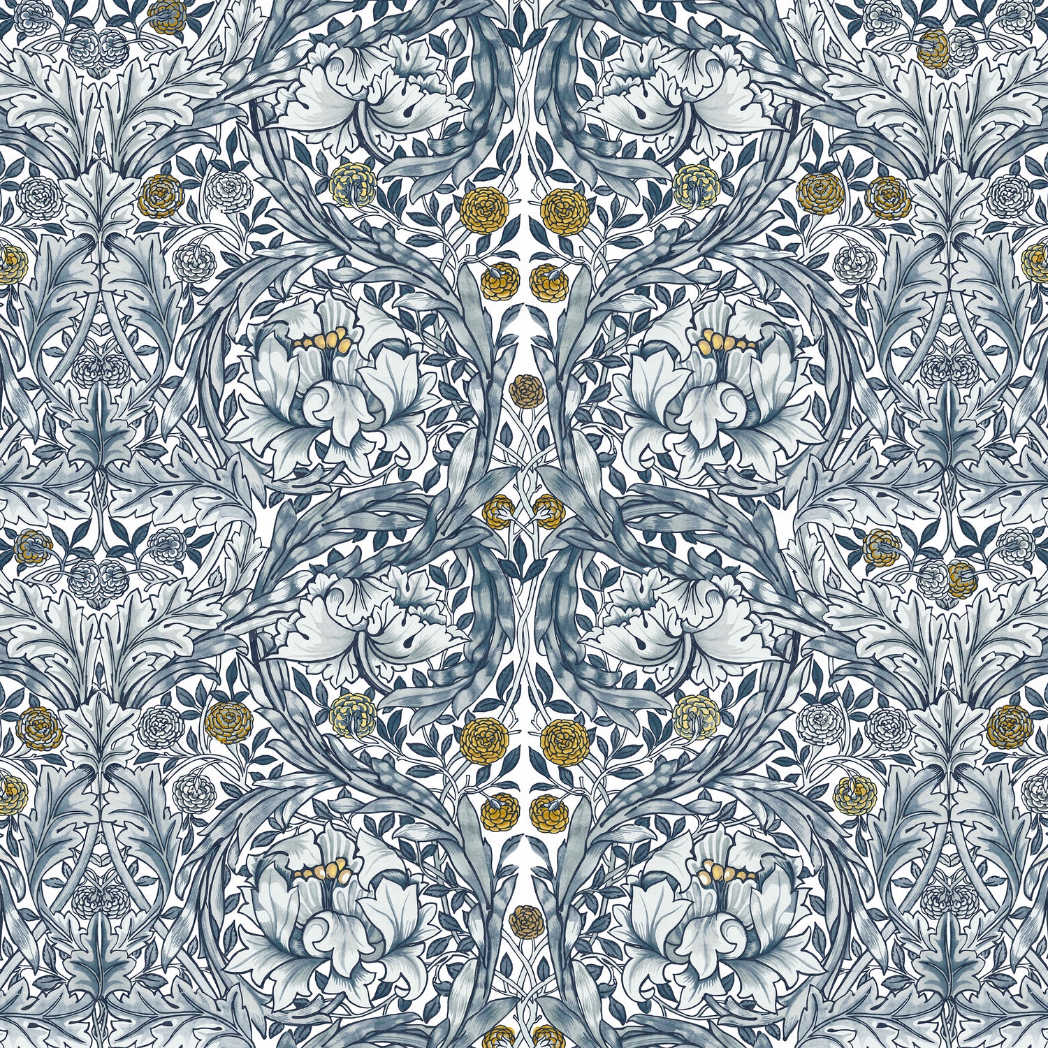 African Marigold Fixed Size 6 Panel mural in blue color - pattern number 125400FXST - by Graham and Brown in the William Morris at Home Murals collection