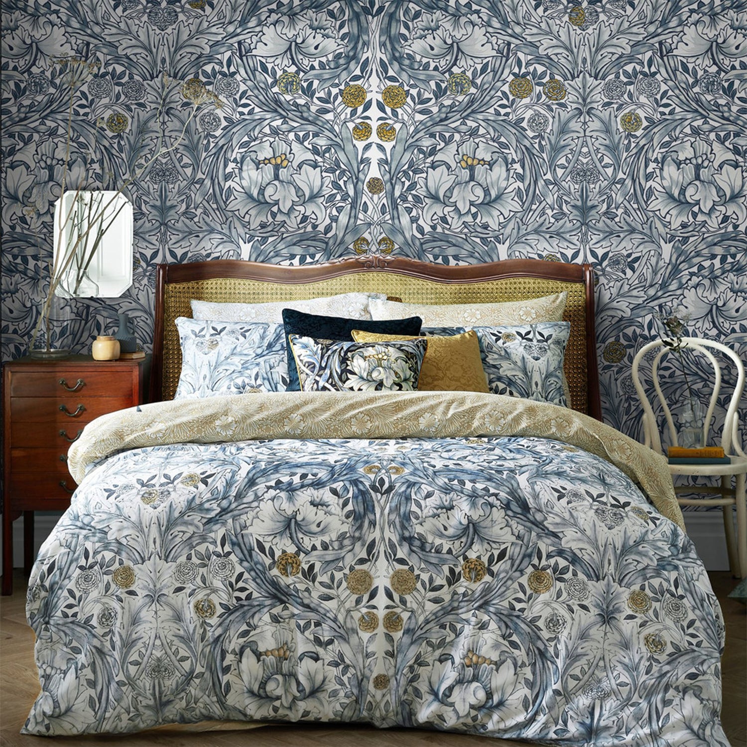 African Marigold Fixed Size 6 Panel mural in blue color - pattern number 125400FXST - by Graham and Brown in the William Morris at Home Murals collection