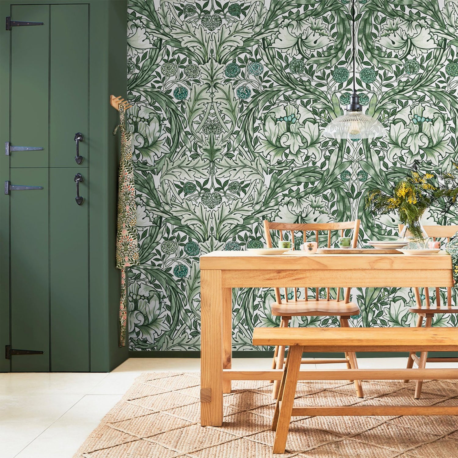 African Marigold Fixed Size 6 Panel mural in green color - pattern number 125418FXST - by Graham and Brown in the William Morris at Home Murals collection