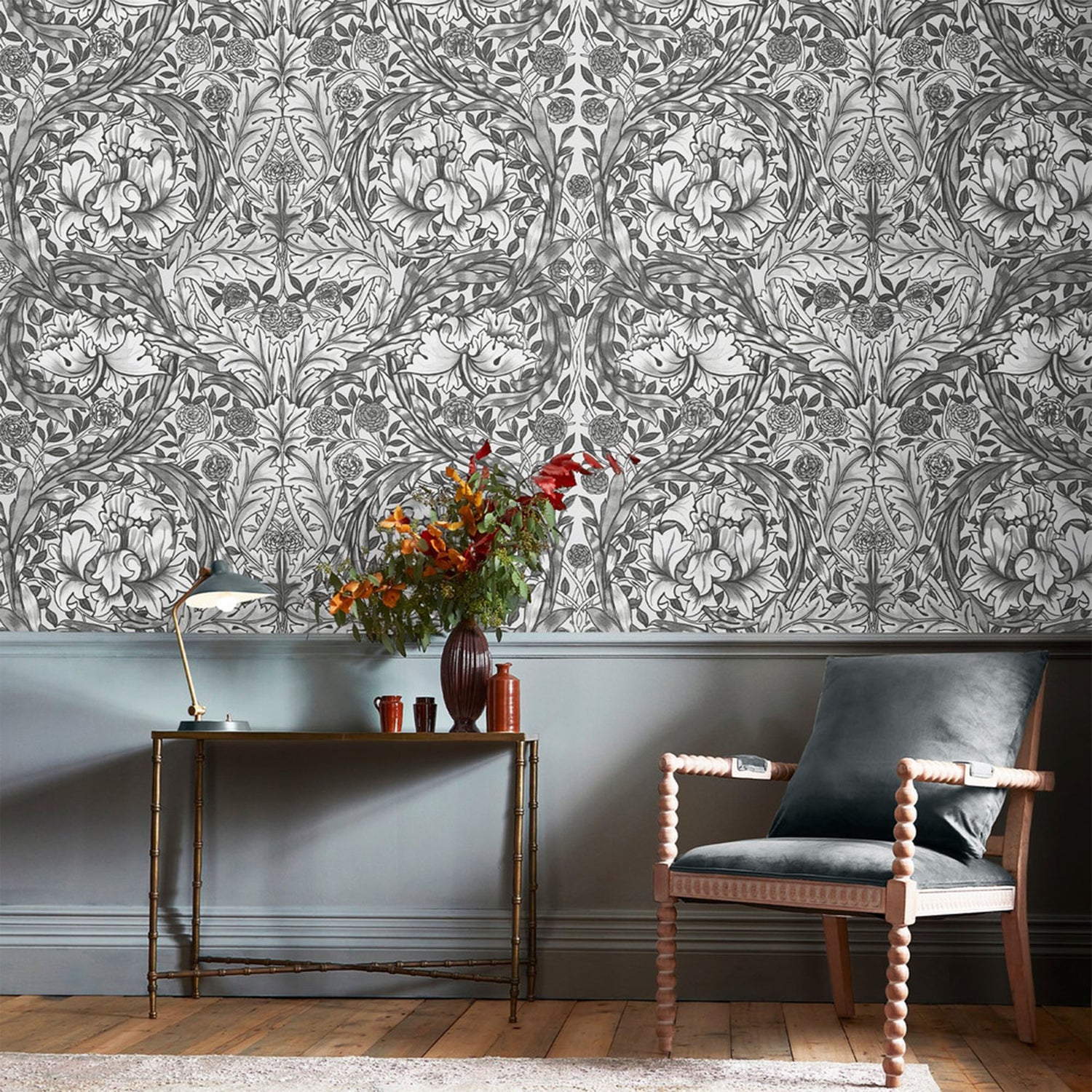 African Marigold Fixed Size 6 Panel mural in grey color - pattern number 125427FXST - by Graham and Brown in the William Morris at Home Murals collection