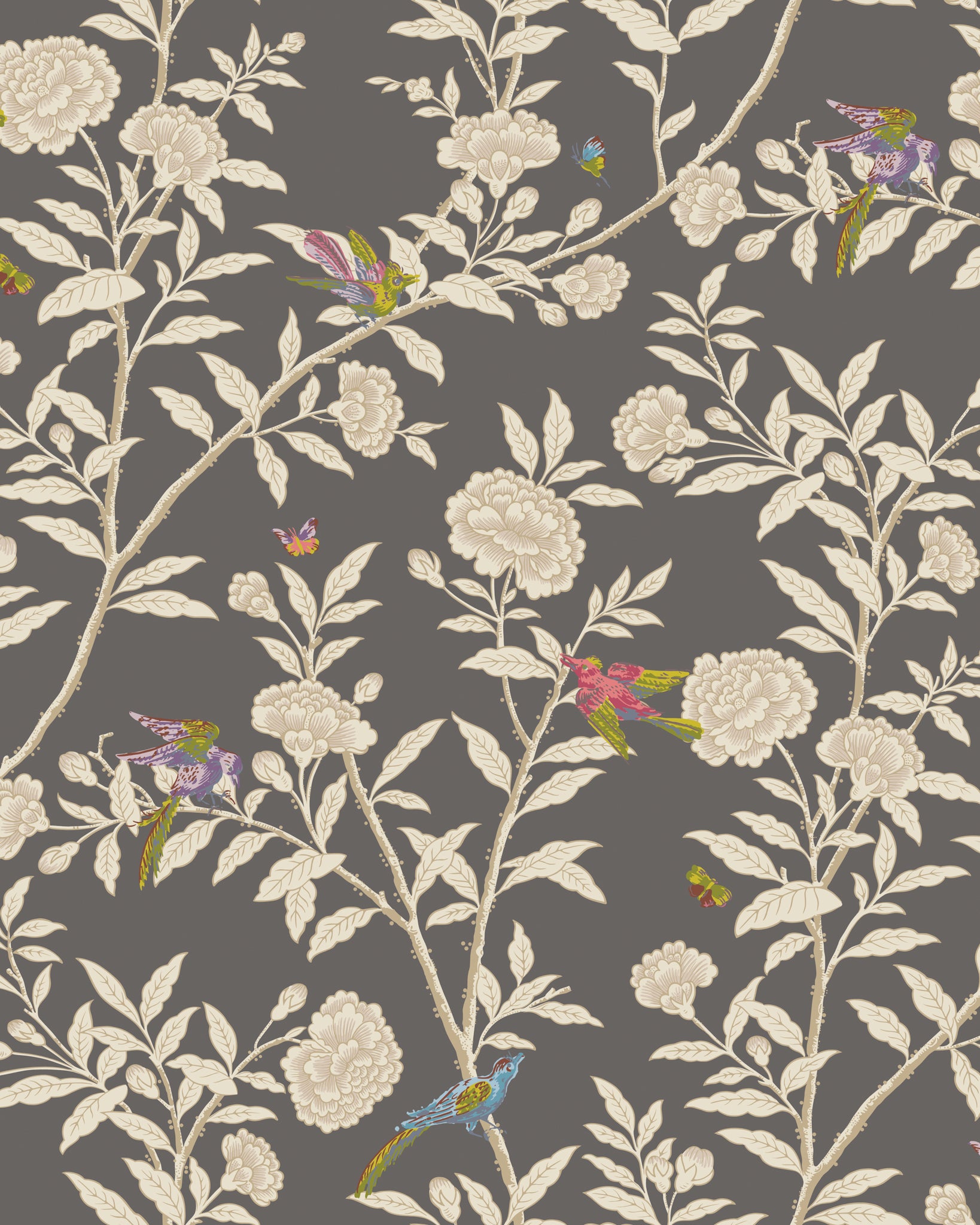 Roseberry with Birds Wallpaper in soft charcoal color - pattern number 127/4019.CS.0 - by Cole and Son in the Classics Vol I collection