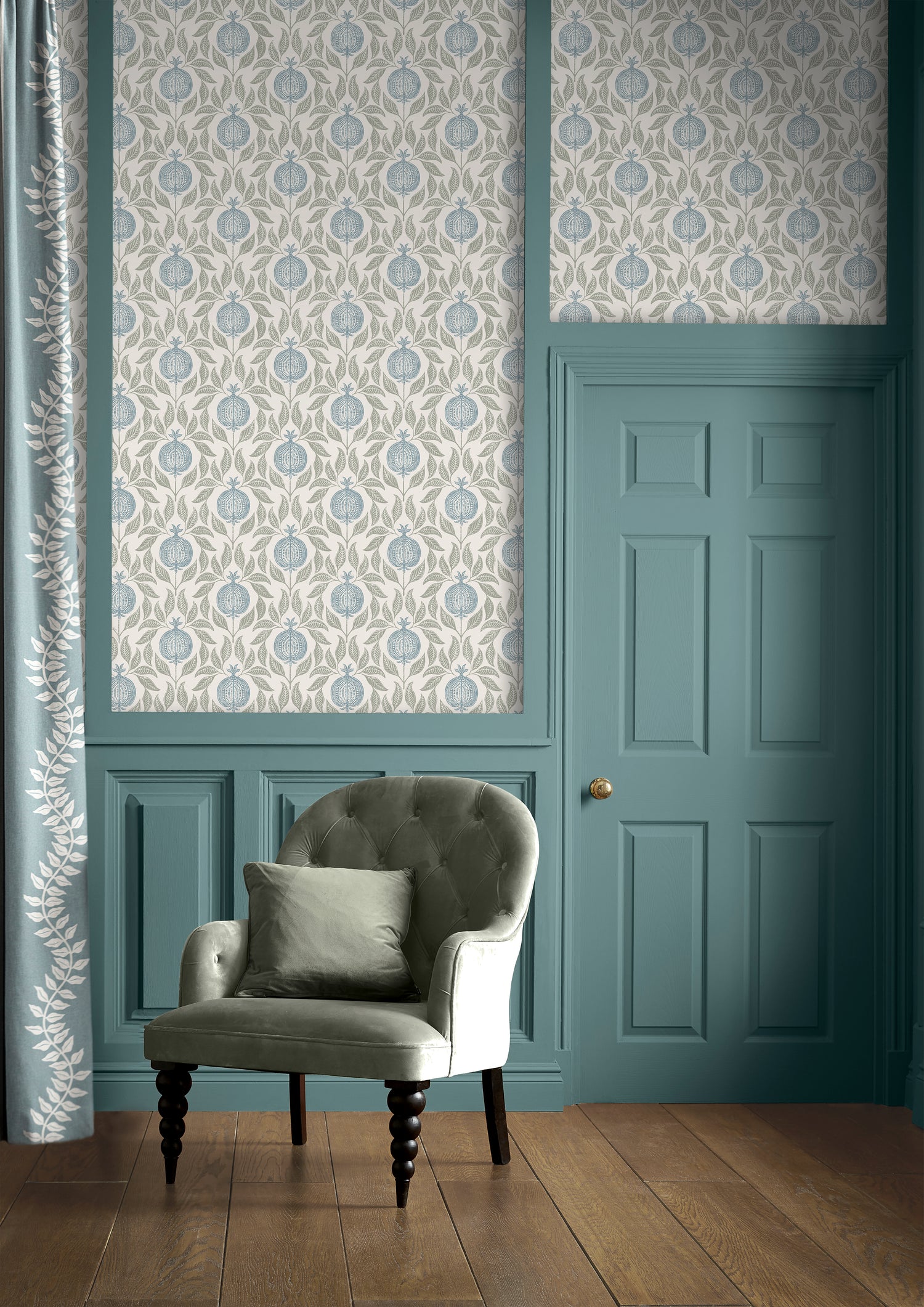 Apple of Grenada Wallpaper in sky blue &amp; green color - pattern number 130289 - by Graham and Brown in the 2025 Exclusives collection