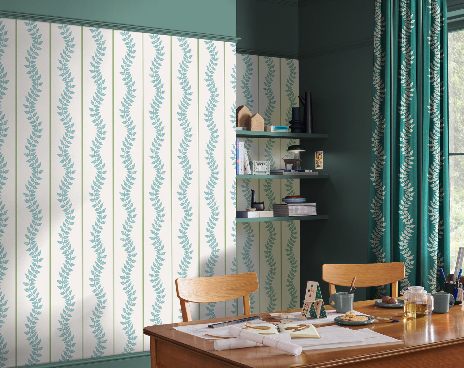 Laurel Leaf Stripe Wallpaper in blue &amp; green color - pattern number 130290 - by Graham and Brown in the 2025 Exclusives collection