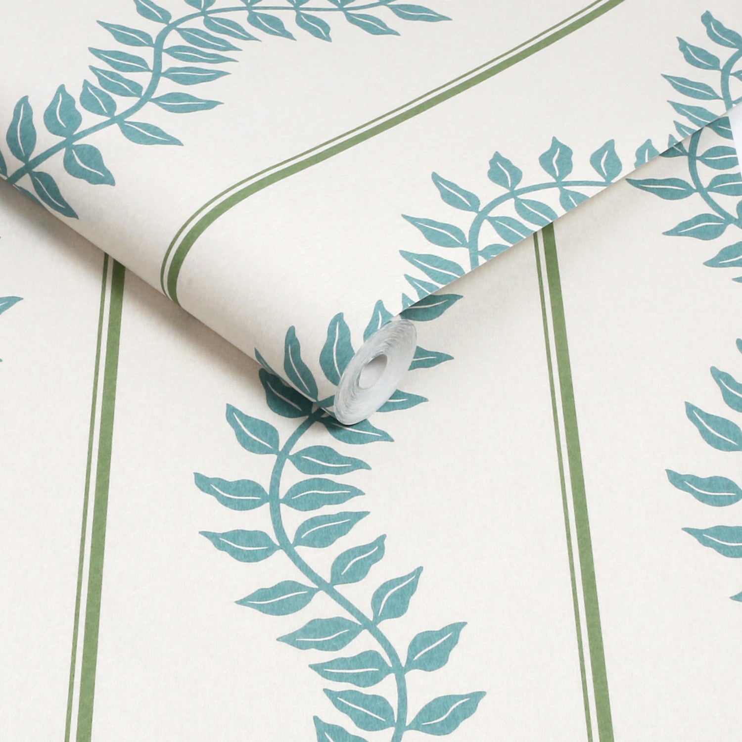 Laurel Leaf Stripe Wallpaper in blue &amp; green color - pattern number 130290 - by Graham and Brown in the 2025 Exclusives collection