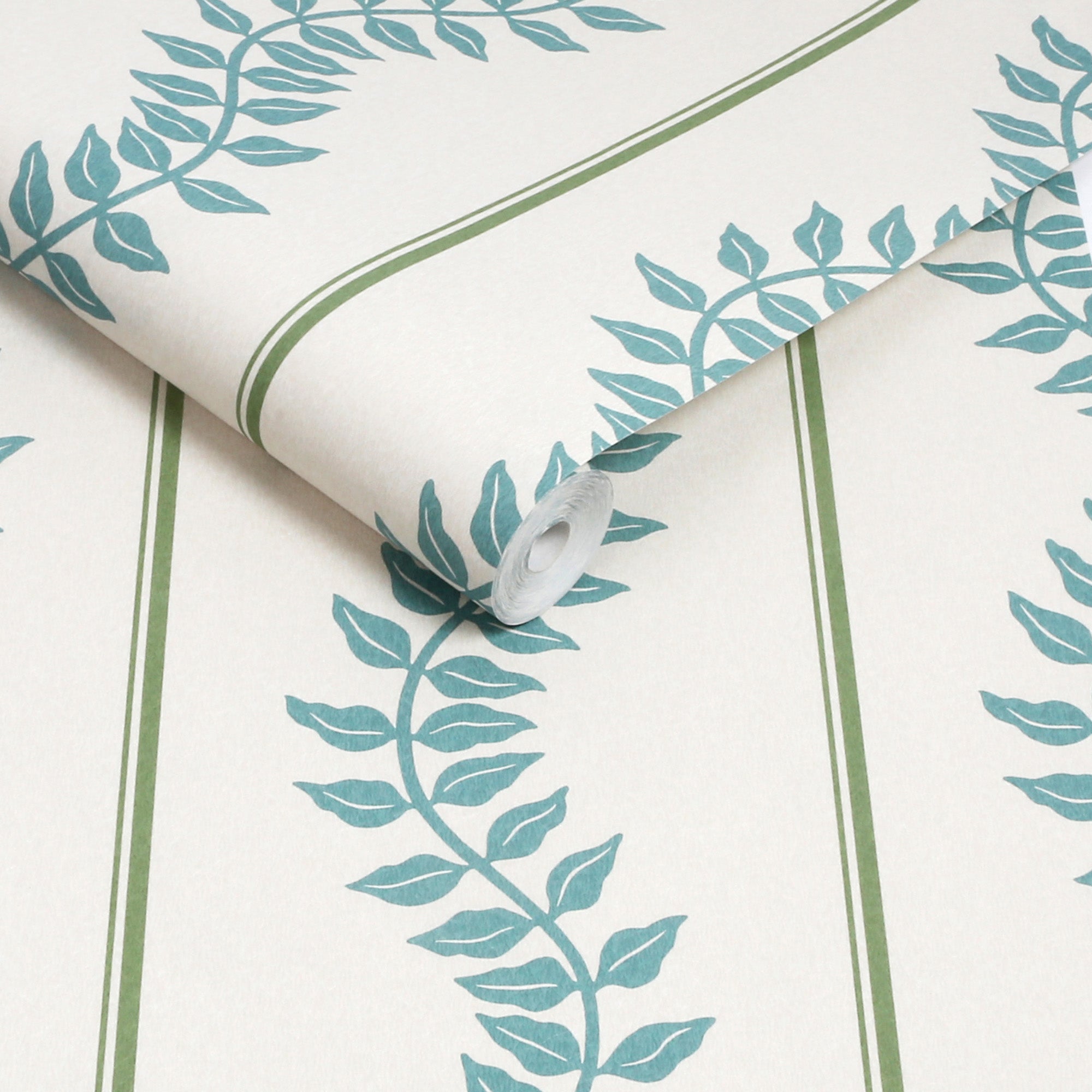 Laurel Leaf Stripe Wallpaper in blue &amp; green color - pattern number 130290 - by Graham and Brown in the 2025 Exclusives collection