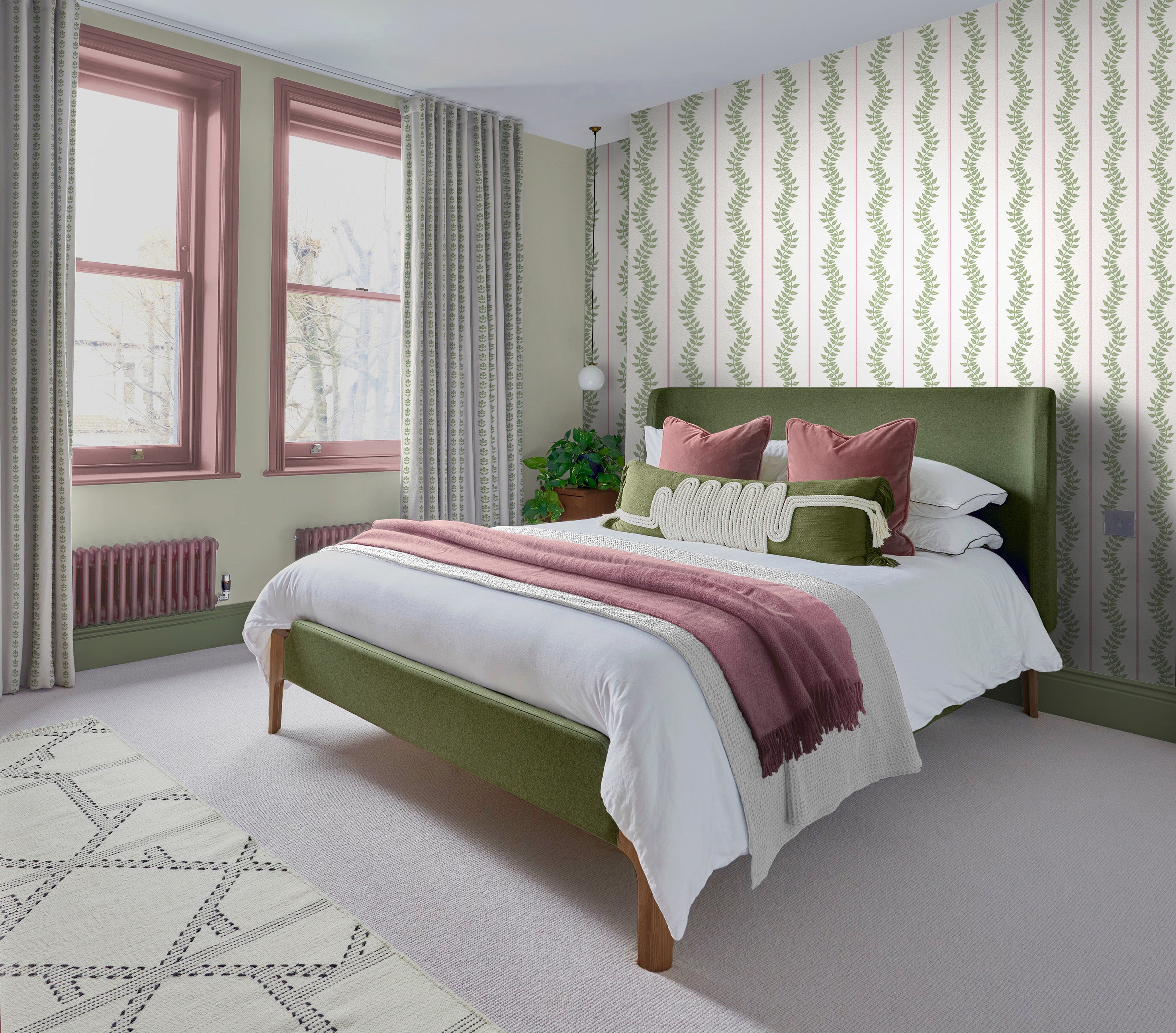 Laurel Leaf Stripe Wallpaper in pink &amp; green color - pattern number 130292 - by Graham and Brown in the 2025 Exclusives collection