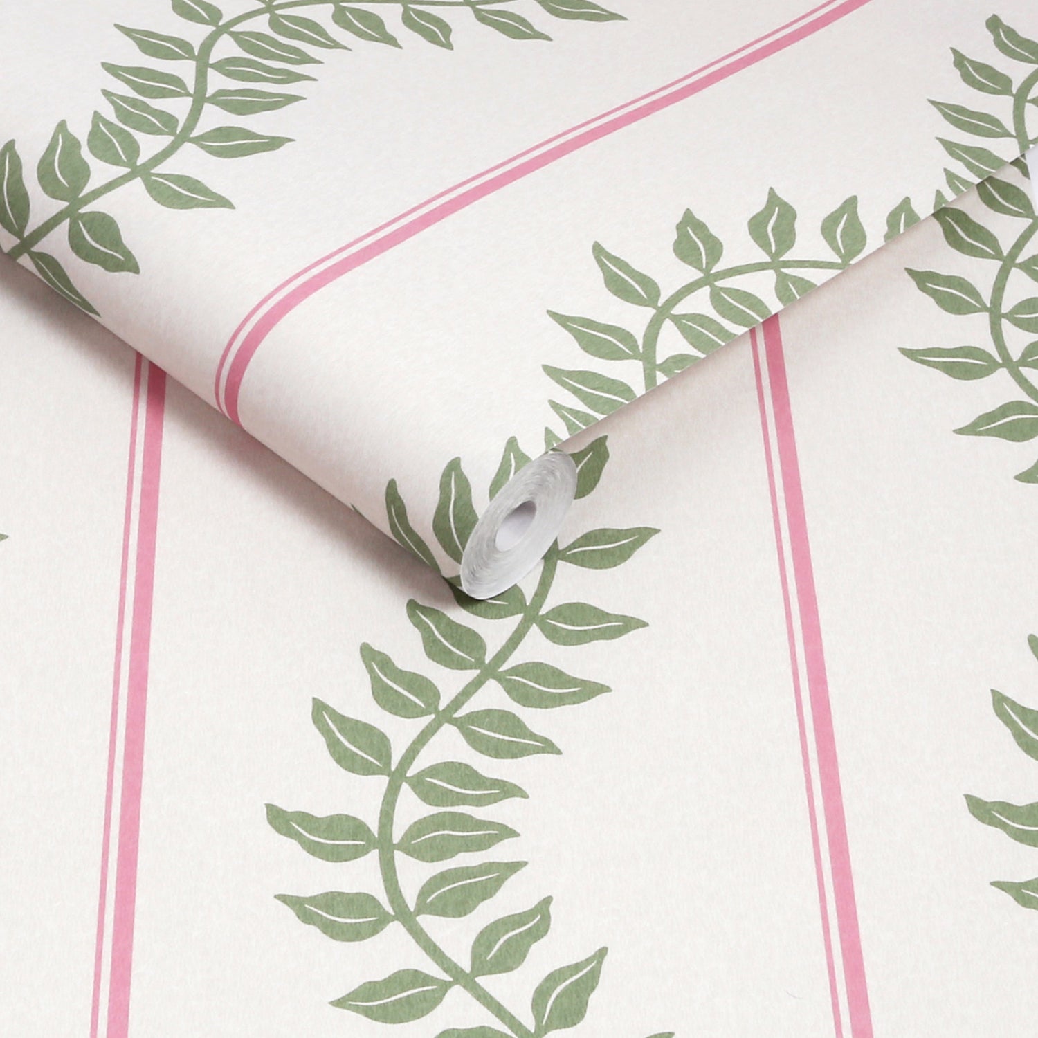 Laurel Leaf Stripe Wallpaper in pink &amp; green color - pattern number 130292 - by Graham and Brown in the 2025 Exclusives collection