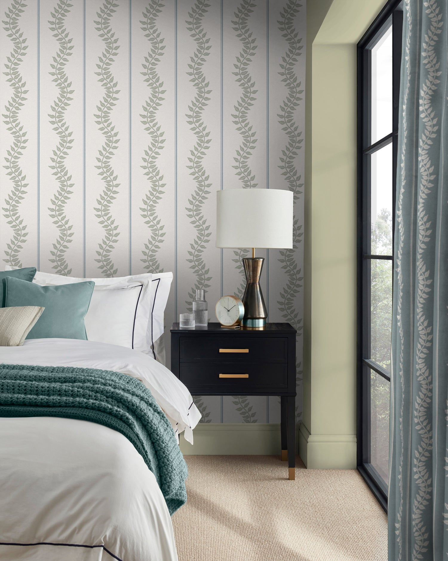 Laurel Leaf Stripe Wallpaper in sky &amp; green color - pattern number 130294 - by Graham and Brown in the 2025 Exclusives collection