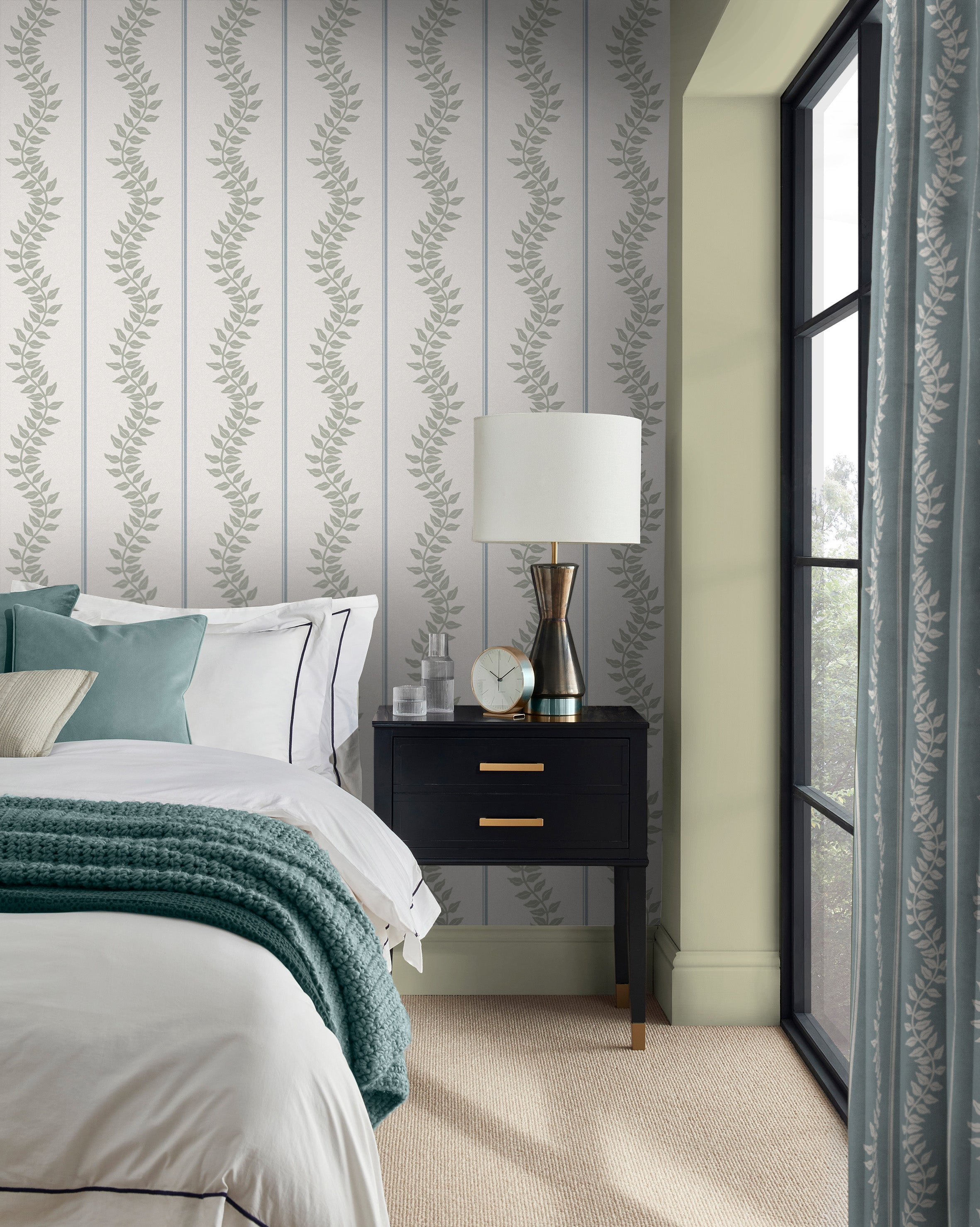 Laurel Leaf Stripe Wallpaper in sky &amp; green color - pattern number 130294 - by Graham and Brown in the 2025 Exclusives collection