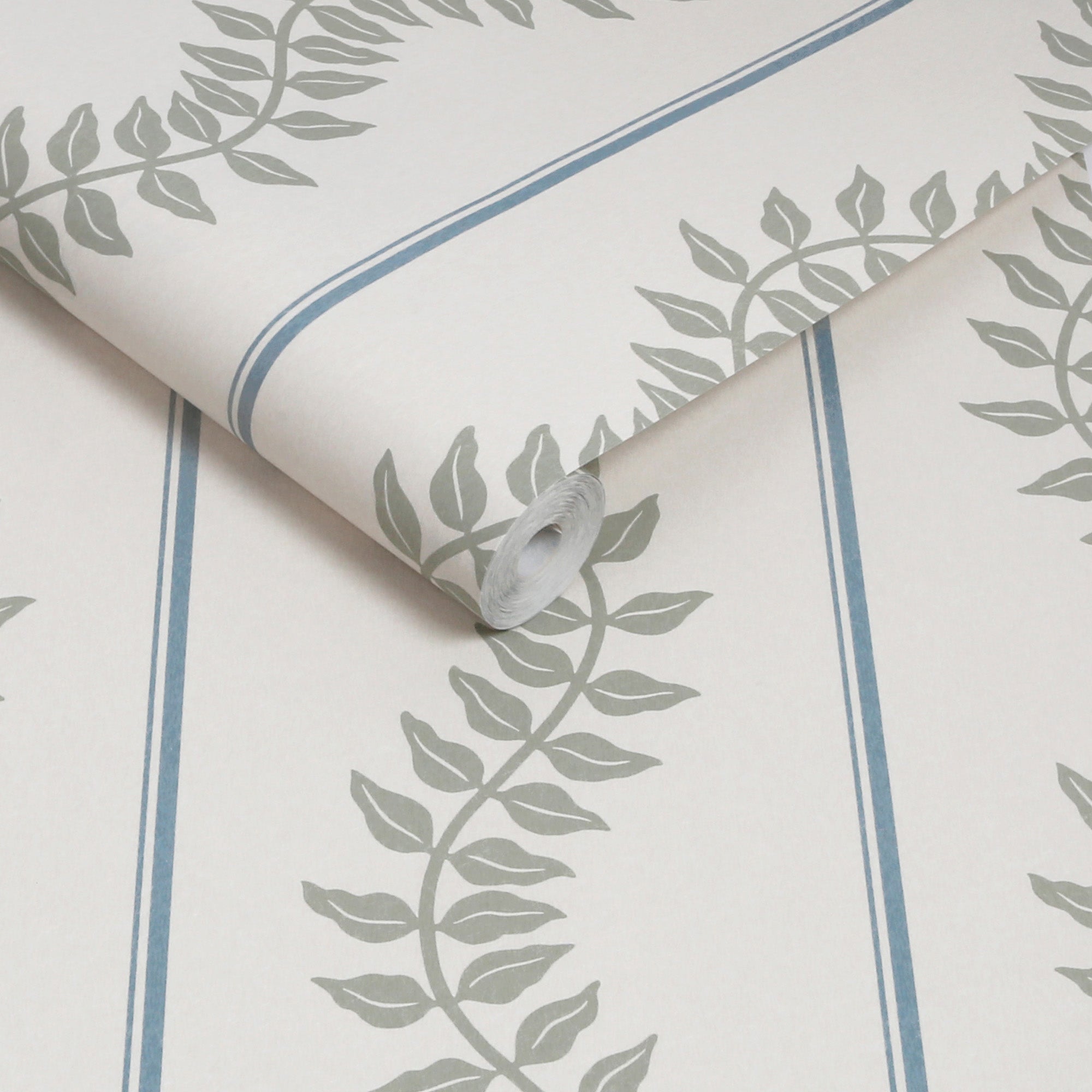 Laurel Leaf Stripe Wallpaper in sky &amp; green color - pattern number 130294 - by Graham and Brown in the 2025 Exclusives collection