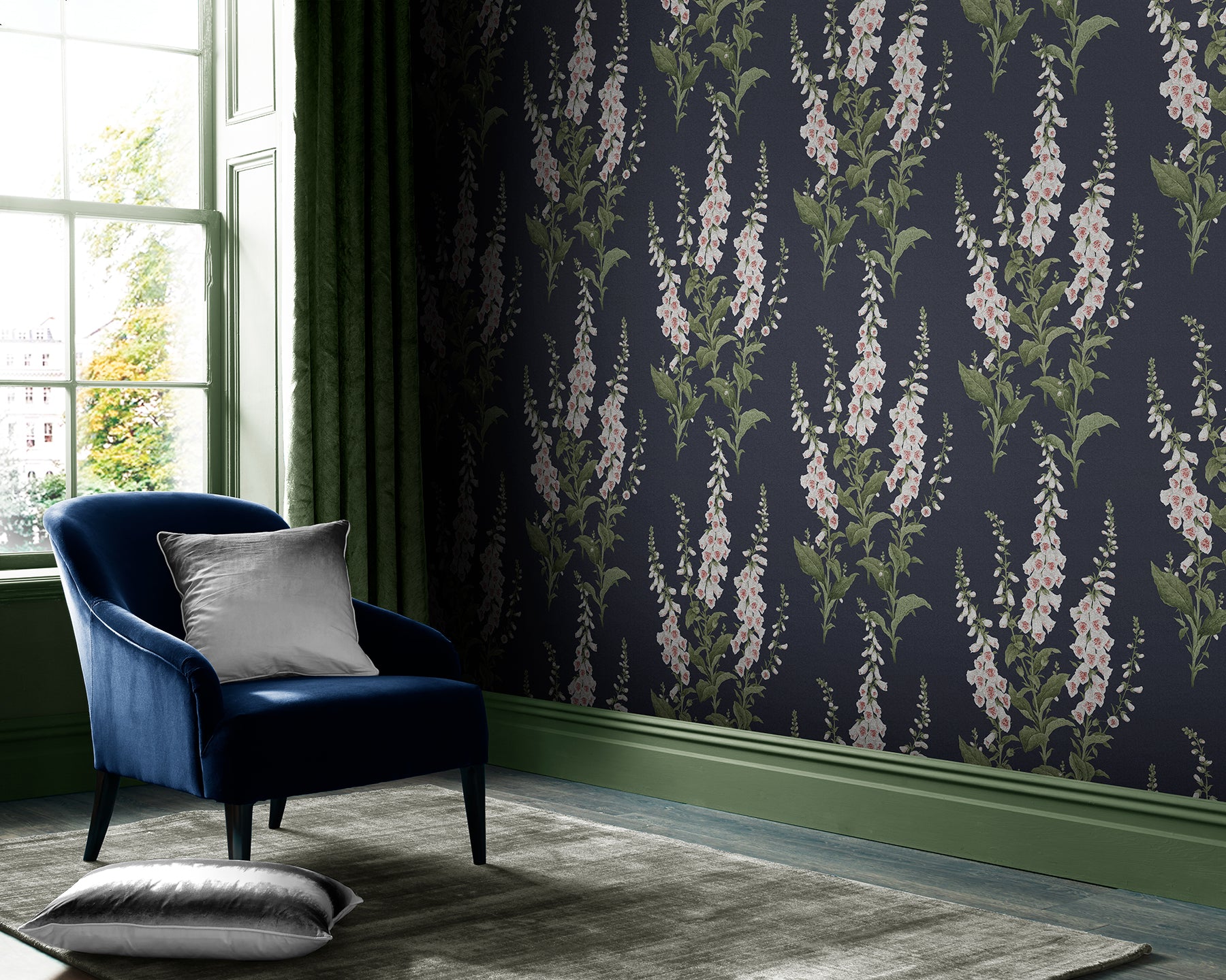 Foxglove Wallpaper in midnight color - pattern number 130308 - by Graham and Brown in the 2025 Exclusives collection