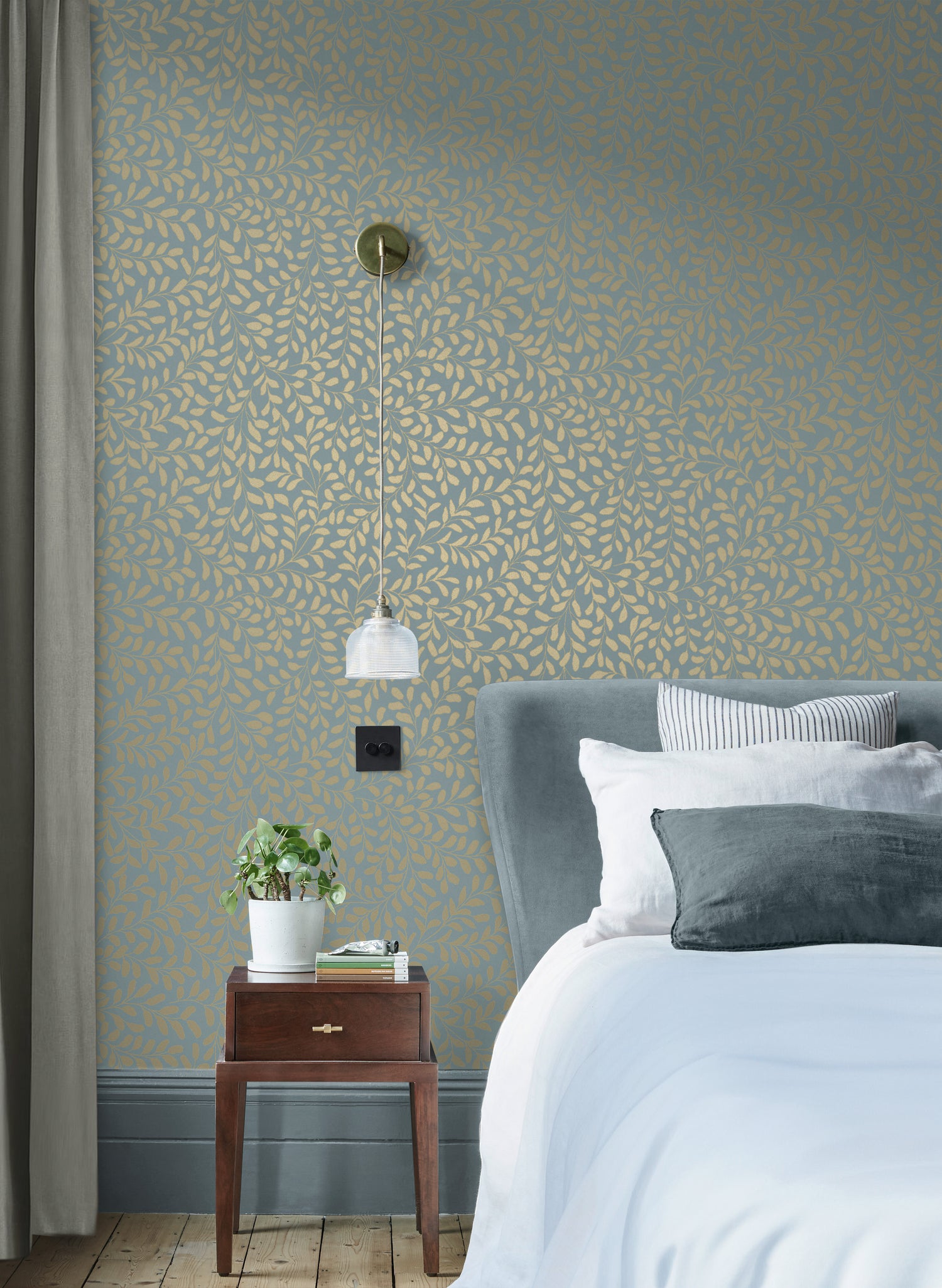 Gilded Leaf Wallpaper in sky blue &amp; pale gold color - pattern number 130368 - by Graham and Brown in the 2025 Exclusives collection