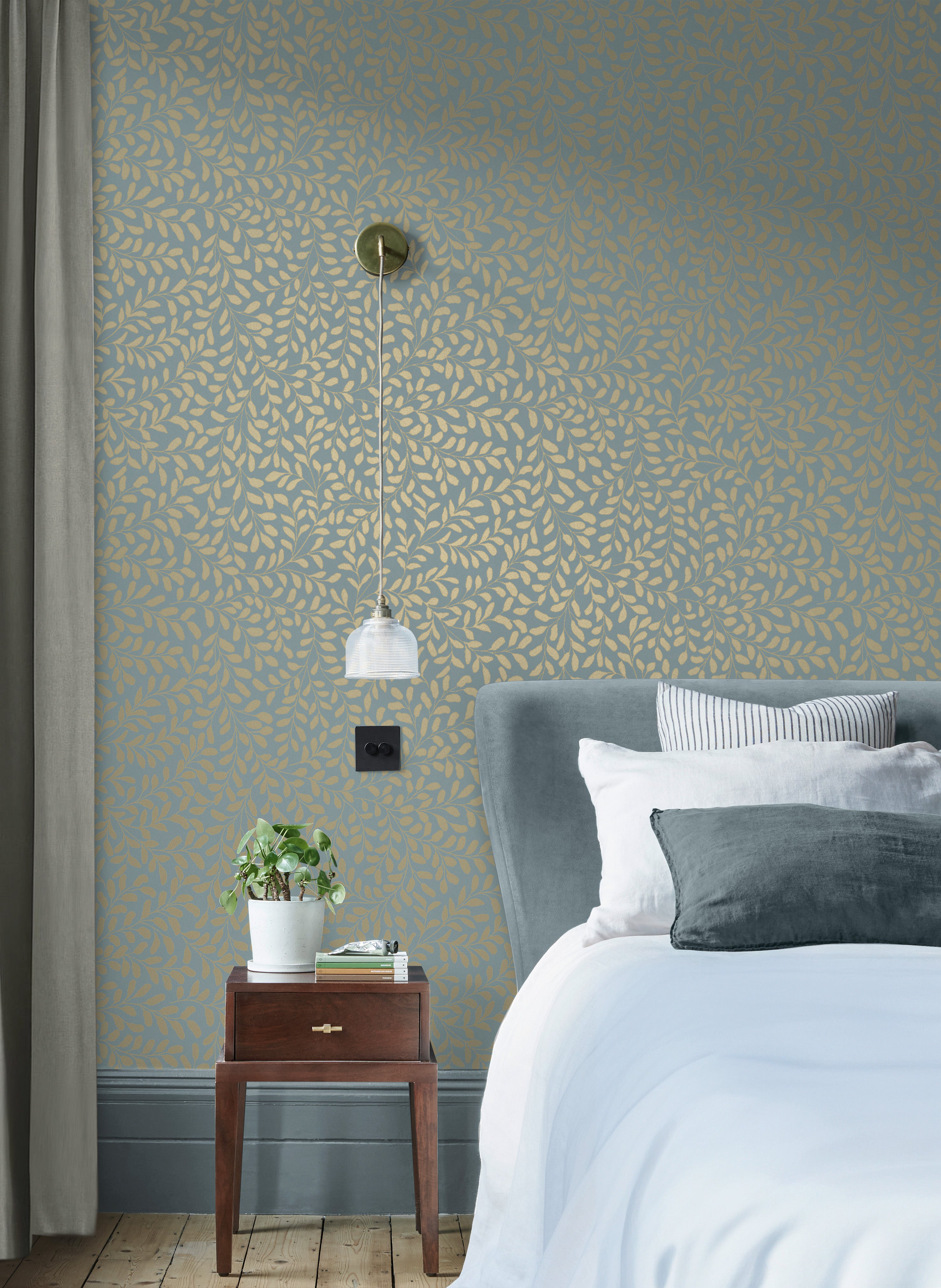 Gilded Leaf Wallpaper in sky blue &amp; pale gold color - pattern number 130368 - by Graham and Brown in the 2025 Exclusives collection