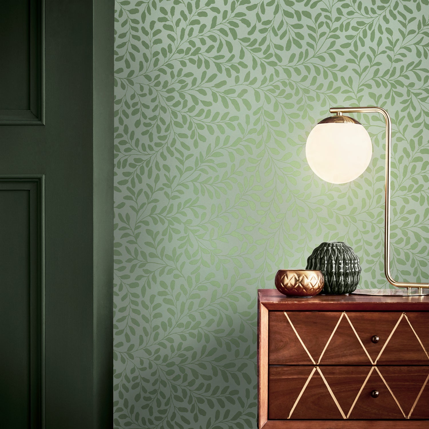 Gilded Leaf Wallpaper in sage color - pattern number 130369 - by Graham and Brown in the 2025 Exclusives collection
