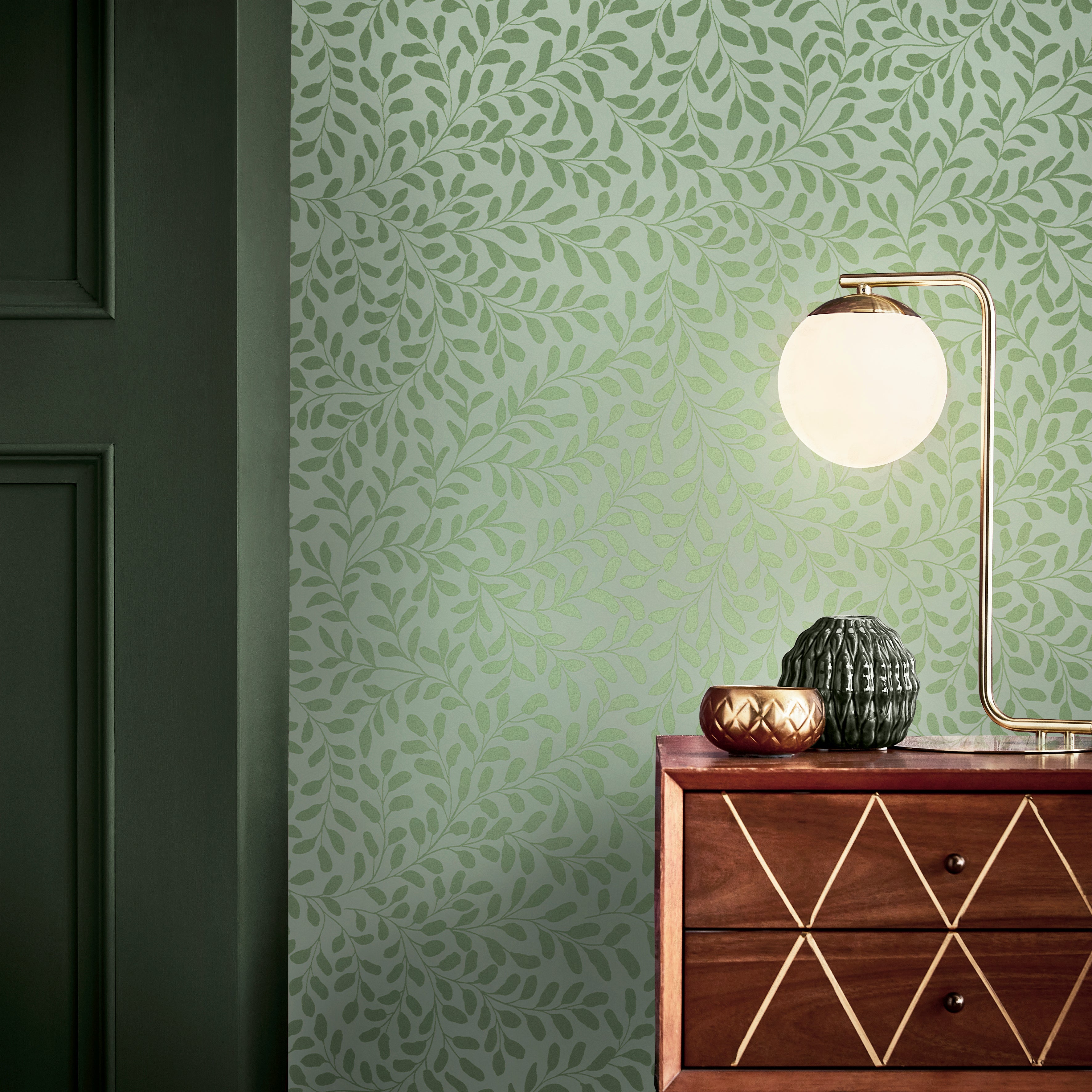 Gilded Leaf Wallpaper in sage color - pattern number 130369 - by Graham and Brown in the 2025 Exclusives collection