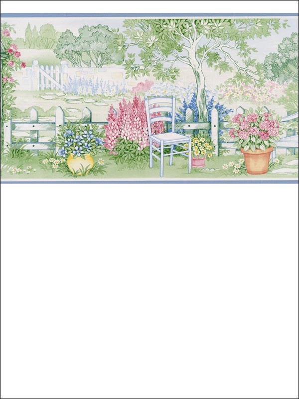 Backyard Garden border in blues pinks color - pattern number CN73861 - by Patton Norwall in the Fresh Kitchens 5 collection