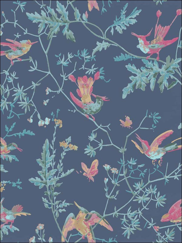 Hummingbirds fabric in indigo multi colour color - pattern number 100/14068.CS.0 - by Cole and Son in the Archive Anthology collection