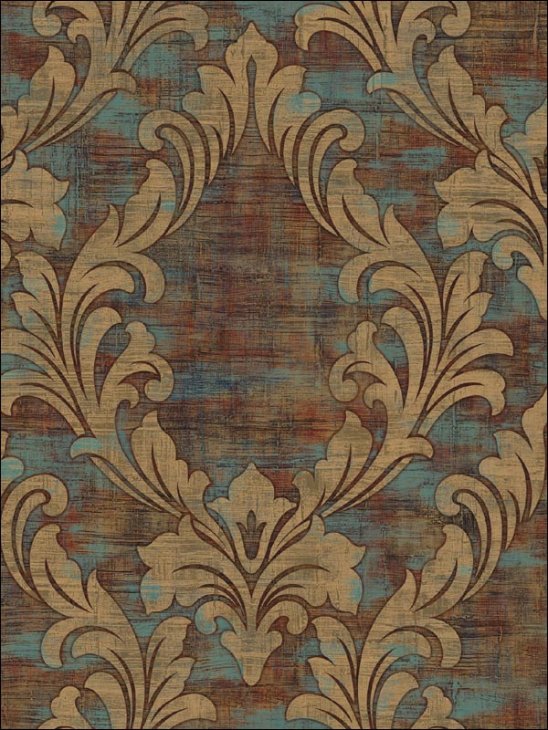 Kepler Damask wallpaper in metallic gold and spruce color - pattern number AV50701 - by Seabrook in the Avant Garde by Seabrook Designs collection