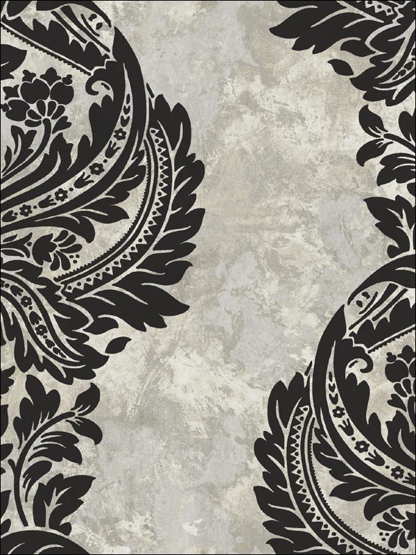 Newton Damask wallpaper in black and greige color - pattern number AV51300 - by Seabrook in the Avant Garde by Seabrook Designs collection