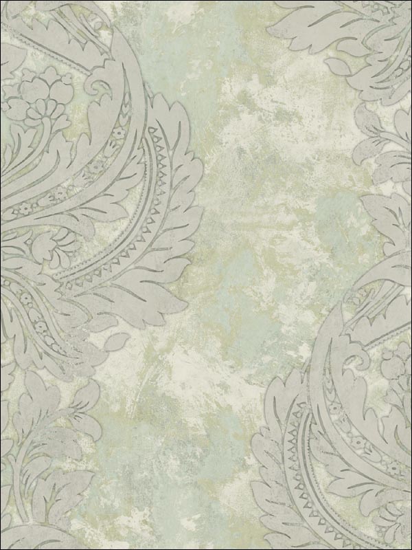 Newton Damask wallpaper in metallic gold and mint color - pattern number AV51304 - by Seabrook in the Avant Garde by Seabrook Designs collection
