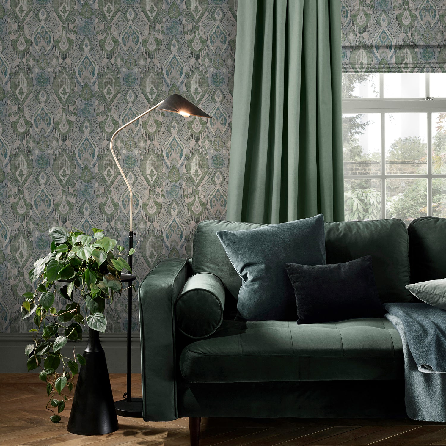 Daraee Tapestry Wallpaper in blue &amp; green color - pattern number 142306 - by Graham and Brown in the 2025 Exclusives collection