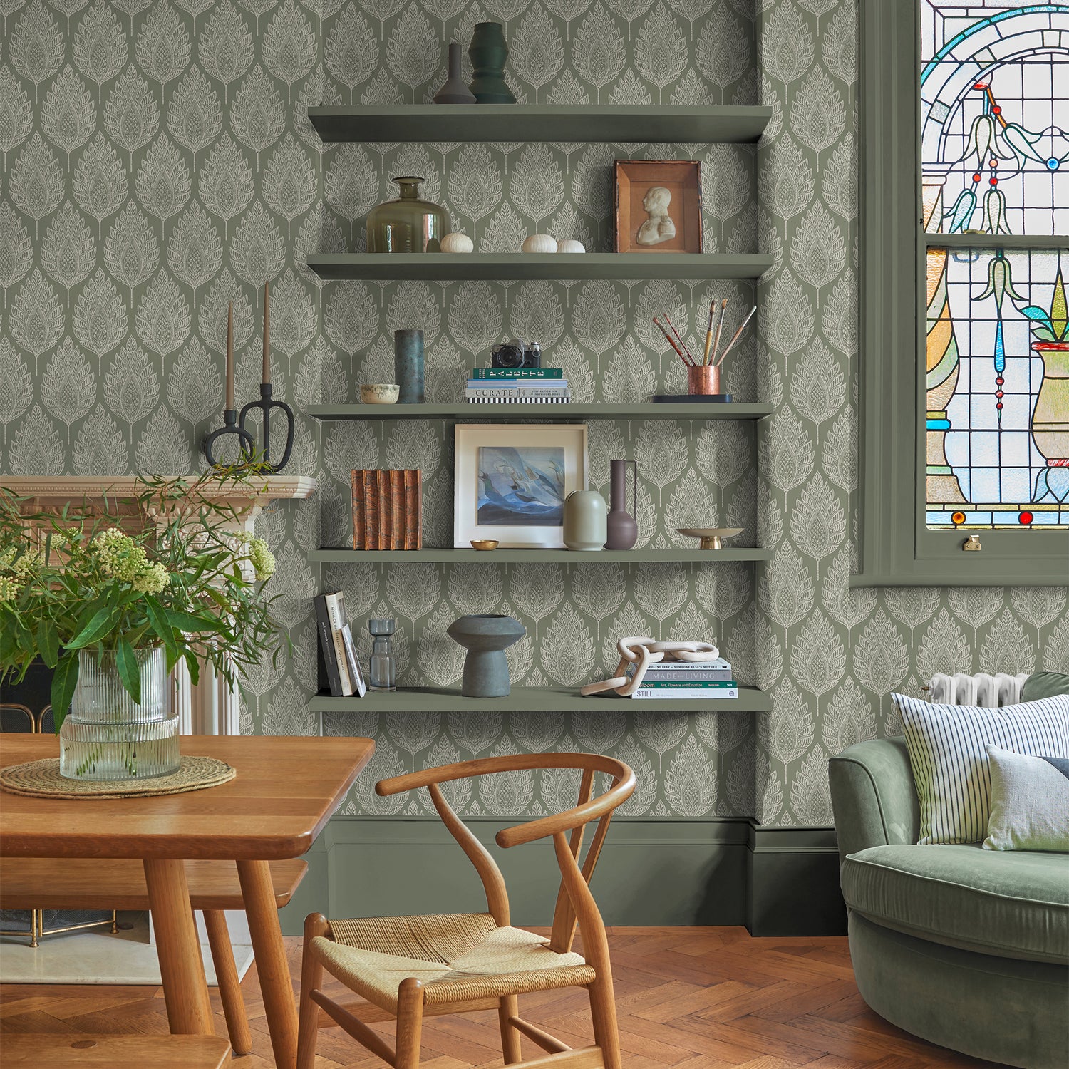 Flame Leaf Wallpaper in sage color - pattern number 142308 - by Graham and Brown in the 2025 Exclusives collection