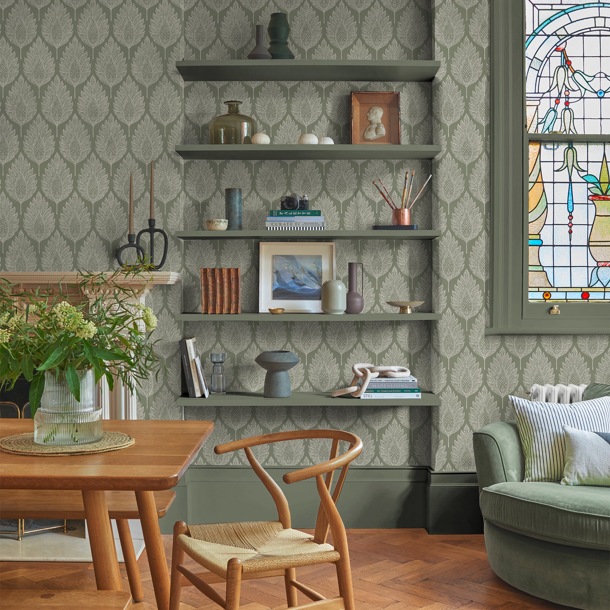 Flame Leaf Wallpaper in sage color - pattern number 142308 - by Graham and Brown in the 2025 Exclusives collection