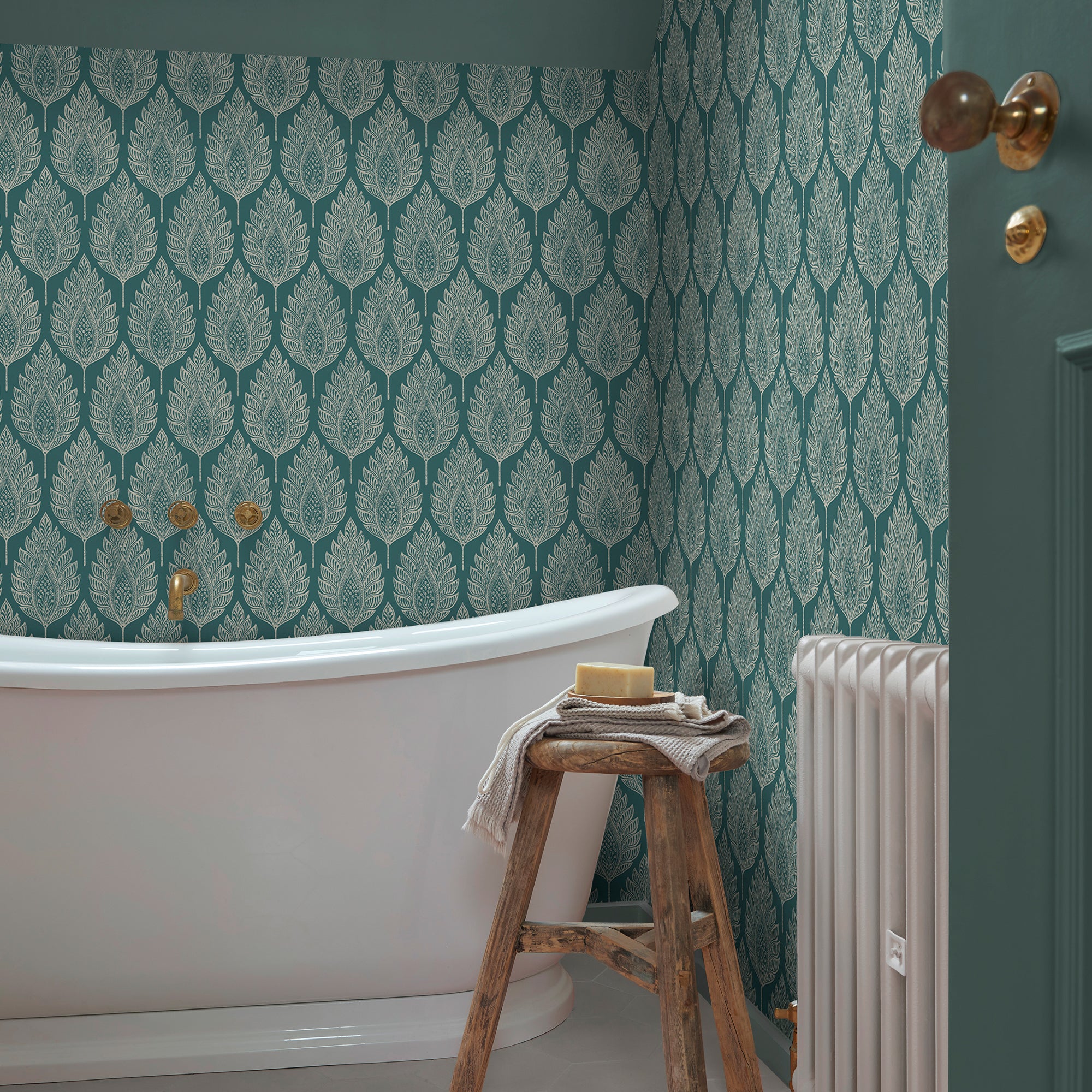Flame Leaf Wallpaper in teal color - pattern number 142309 - by Graham and Brown in the 2025 Exclusives collection