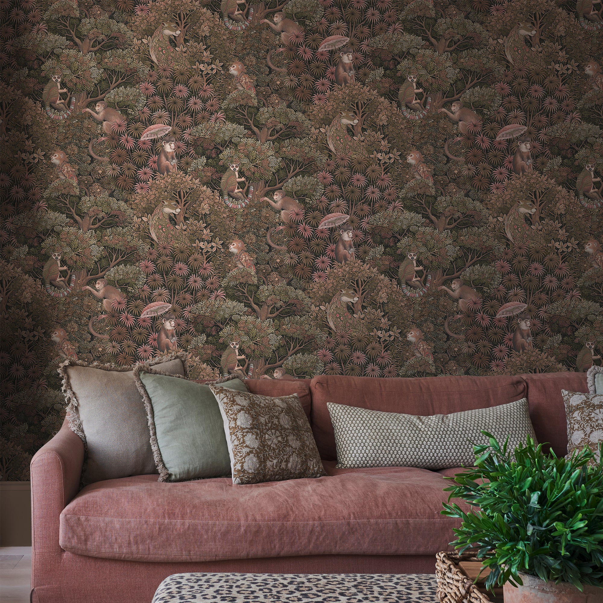 Treetop Troop Wallpaper in damson color - pattern number 142312 - by Graham and Brown in the 2025 Exclusives collection