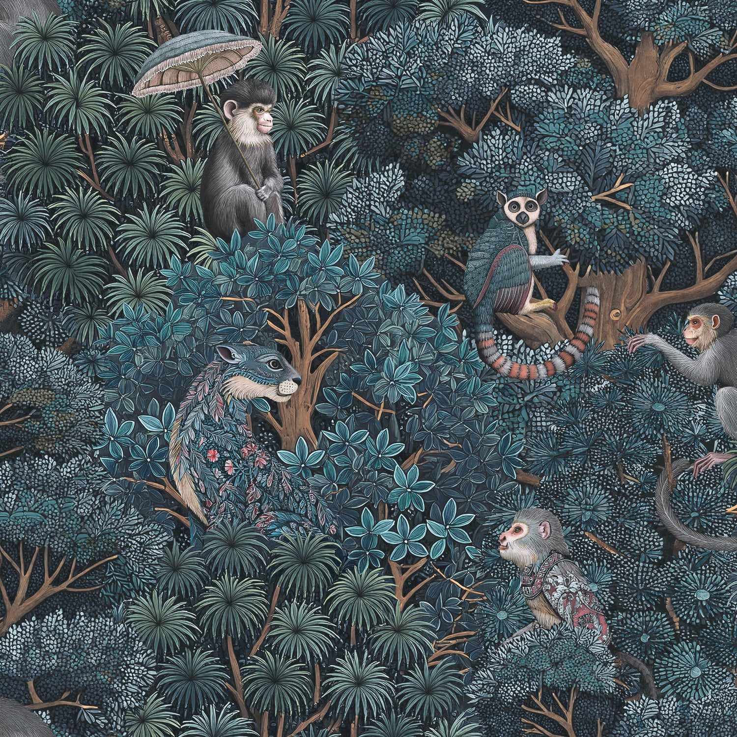 Treetop Troop Wallpaper in navy &amp; teal color - pattern number 142313 - by Graham and Brown in the 2025 Exclusives collection