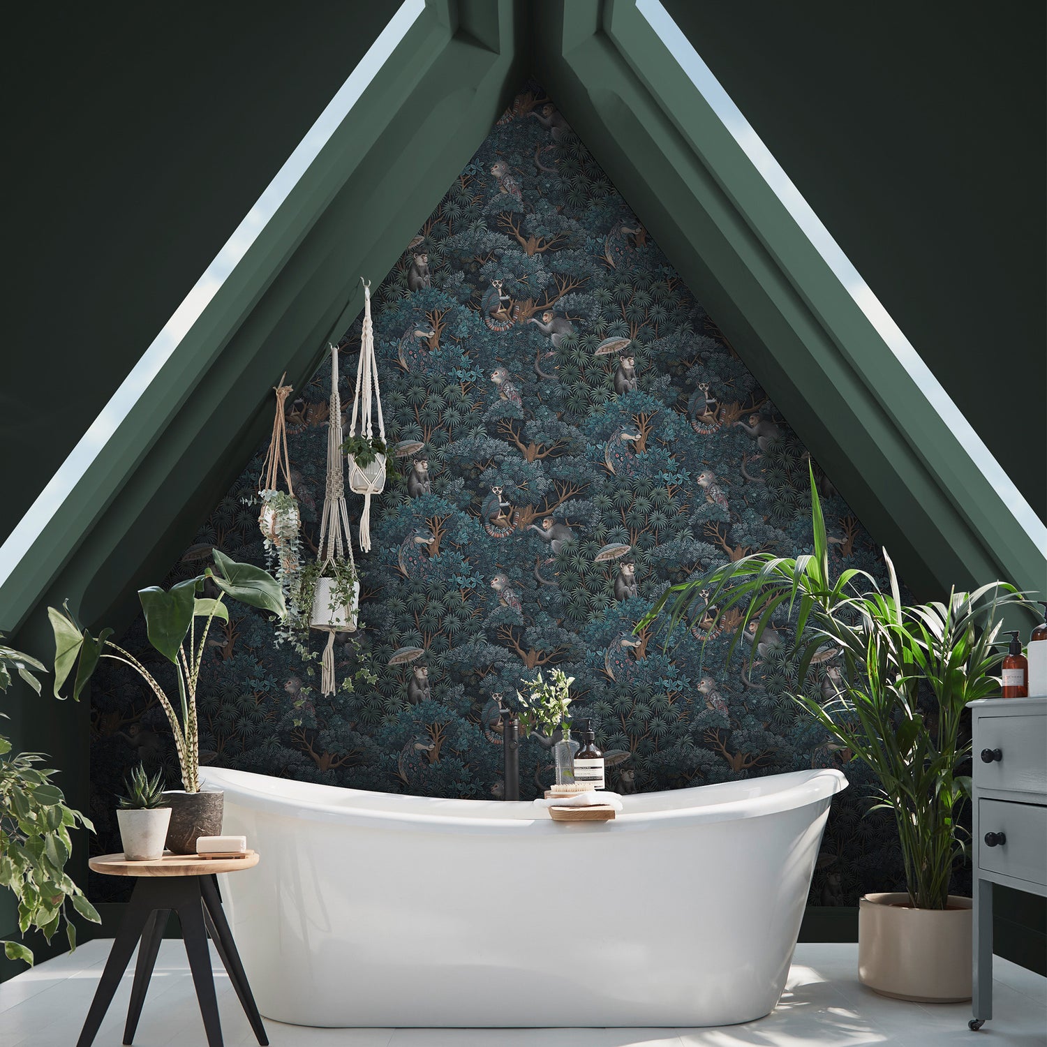 Treetop Troop Wallpaper in navy &amp; teal color - pattern number 142313 - by Graham and Brown in the 2025 Exclusives collection