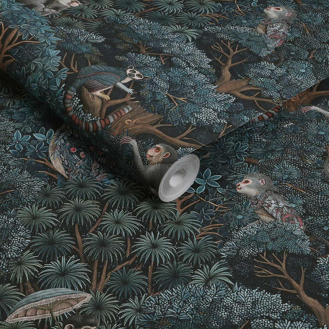 Treetop Troop Wallpaper in navy &amp; teal color - pattern number 142313 - by Graham and Brown in the 2025 Exclusives collection