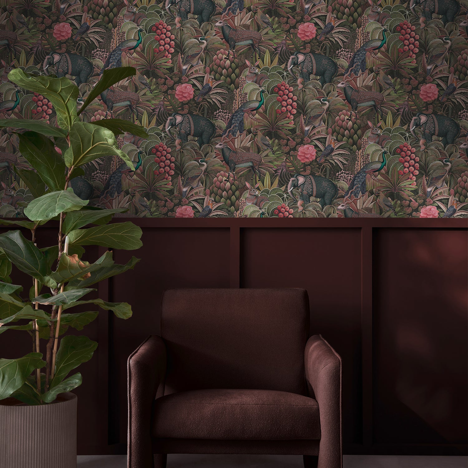 Jungle Jamboree Wallpaper in damson color - pattern number 142314 - by Graham and Brown in the 2025 Exclusives collection