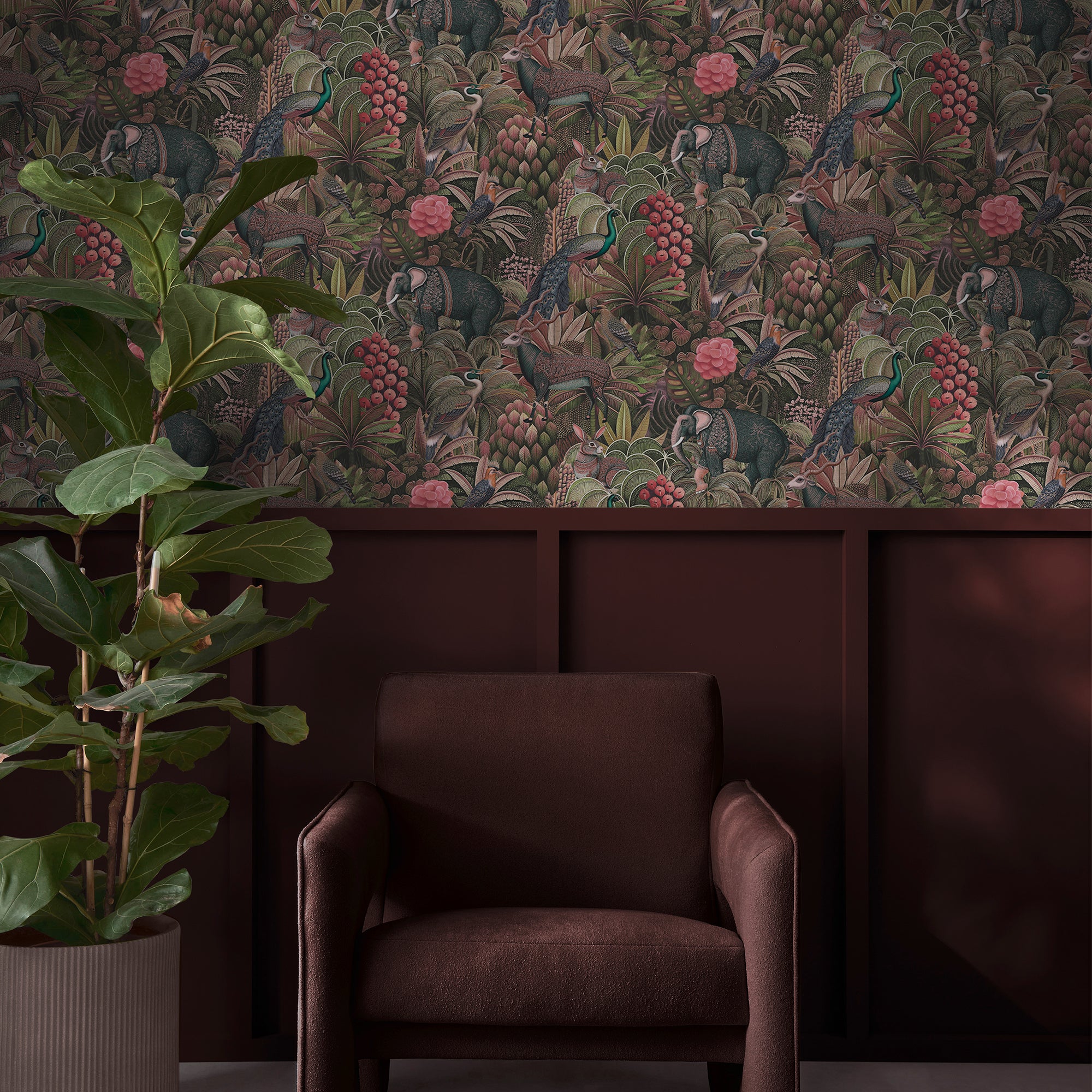 Jungle Jamboree Wallpaper in damson color - pattern number 142314 - by Graham and Brown in the 2025 Exclusives collection
