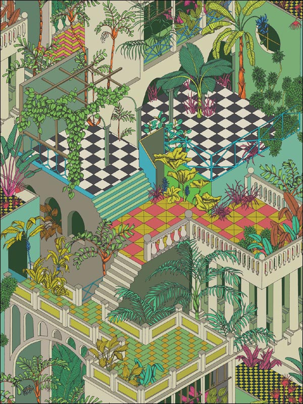 Miami wallpaper in green and coral color - pattern number 105/4017.CS.0 - by Cole and Son in the Geometric II collection