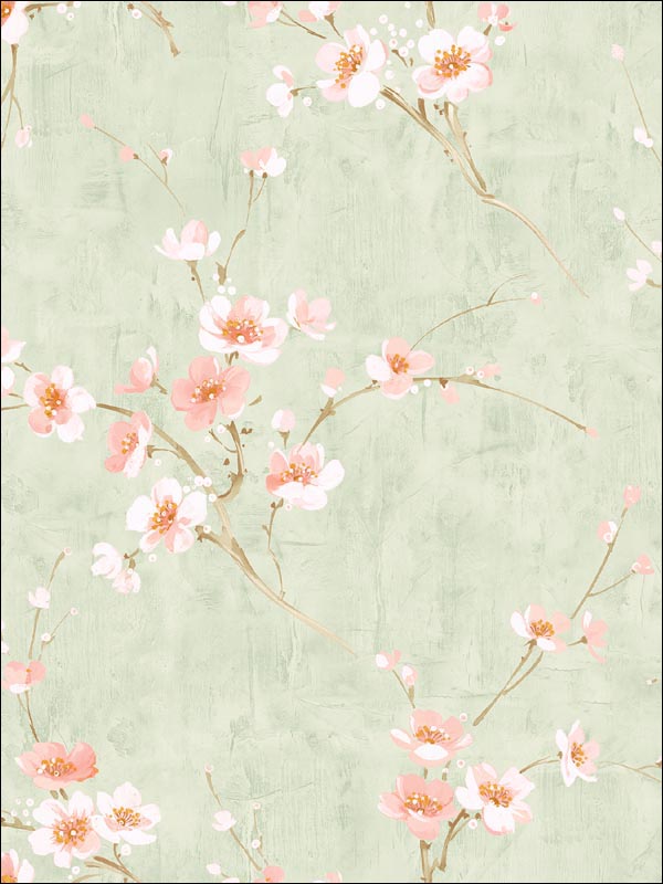 Silk Road Dogwood wallpaper in metallic mint and pink color - pattern number AI41604 - by Seabrook in the Koi collection