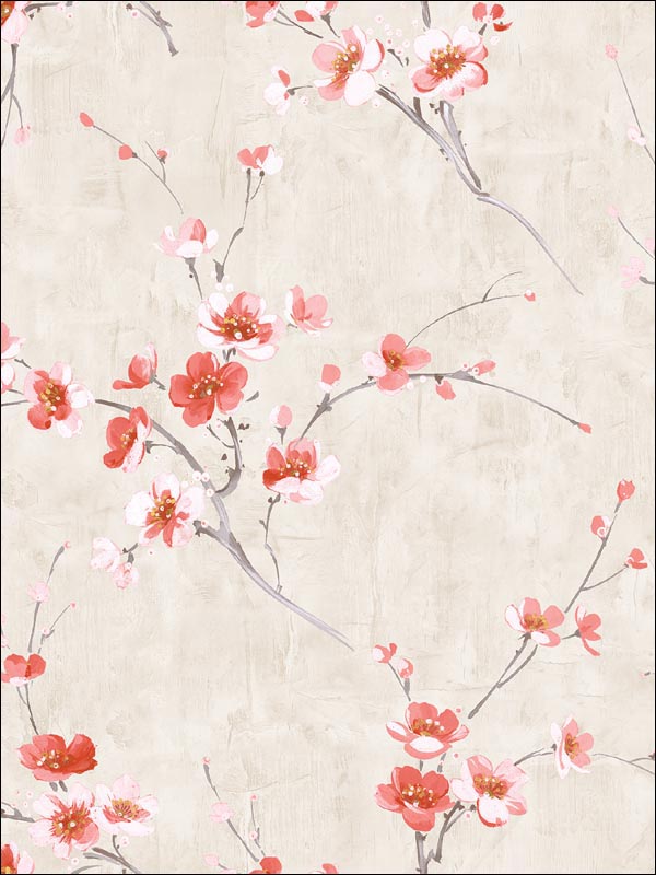 Silk Road Dogwood wallpaper in metallic silver and strawberry color - pattern number AI41608 - by Seabrook in the Koi collection